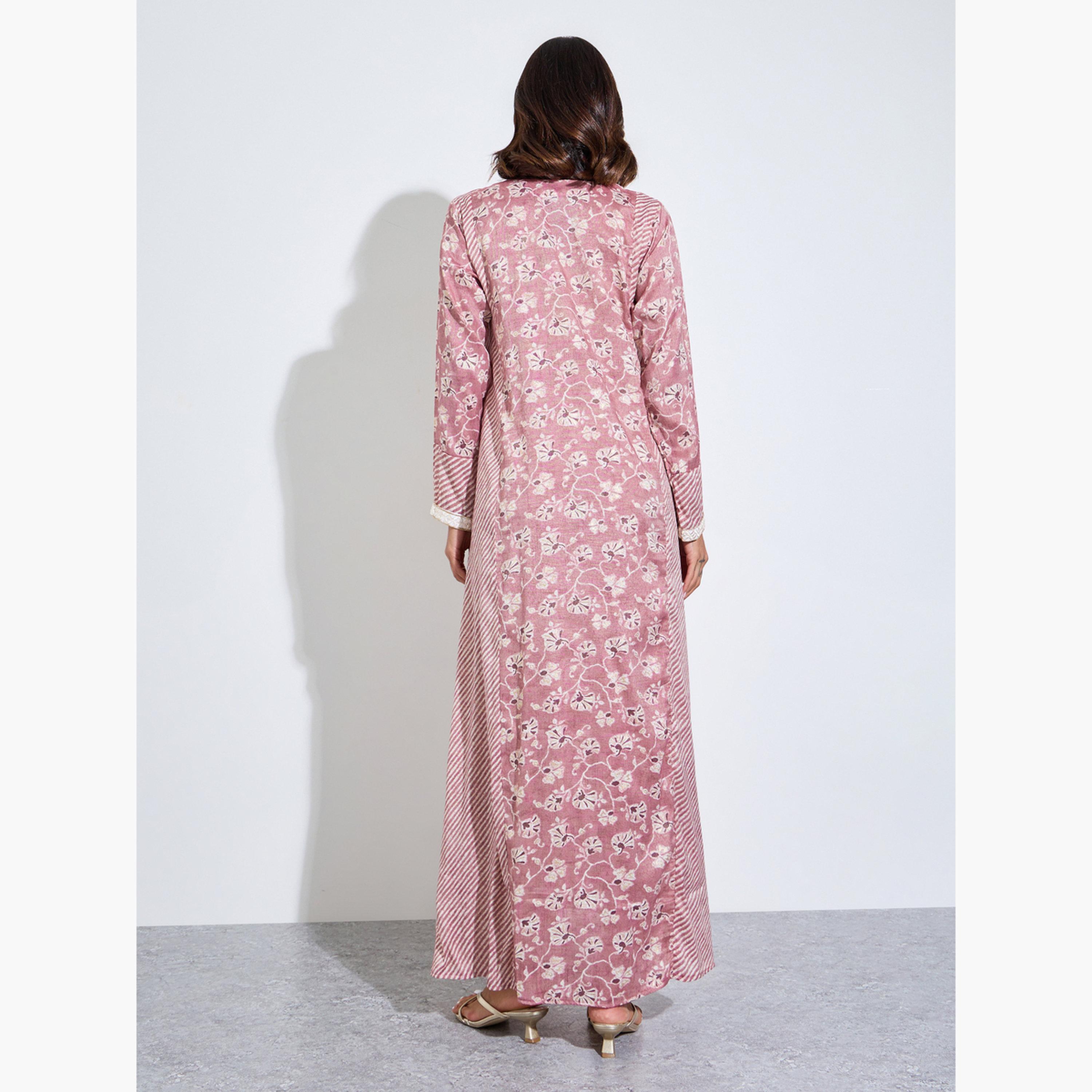 Amirah X Styli Pink Floral Embroidered Neck Maxi Jalabiya-women-arabicclothing-jalabiyas-image-4
