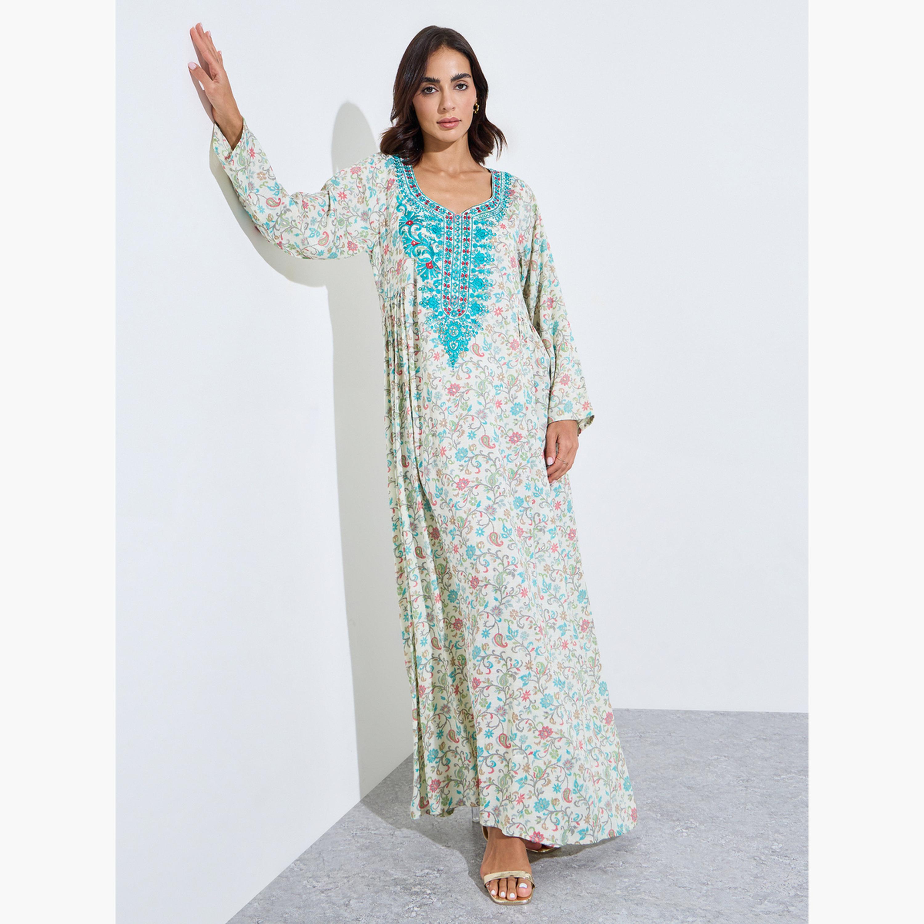 اميرة × ستايلي - جلابية ماكسي مطرزة بالزهور الخضراء-women-arabicclothing-jalabiyas-image-1