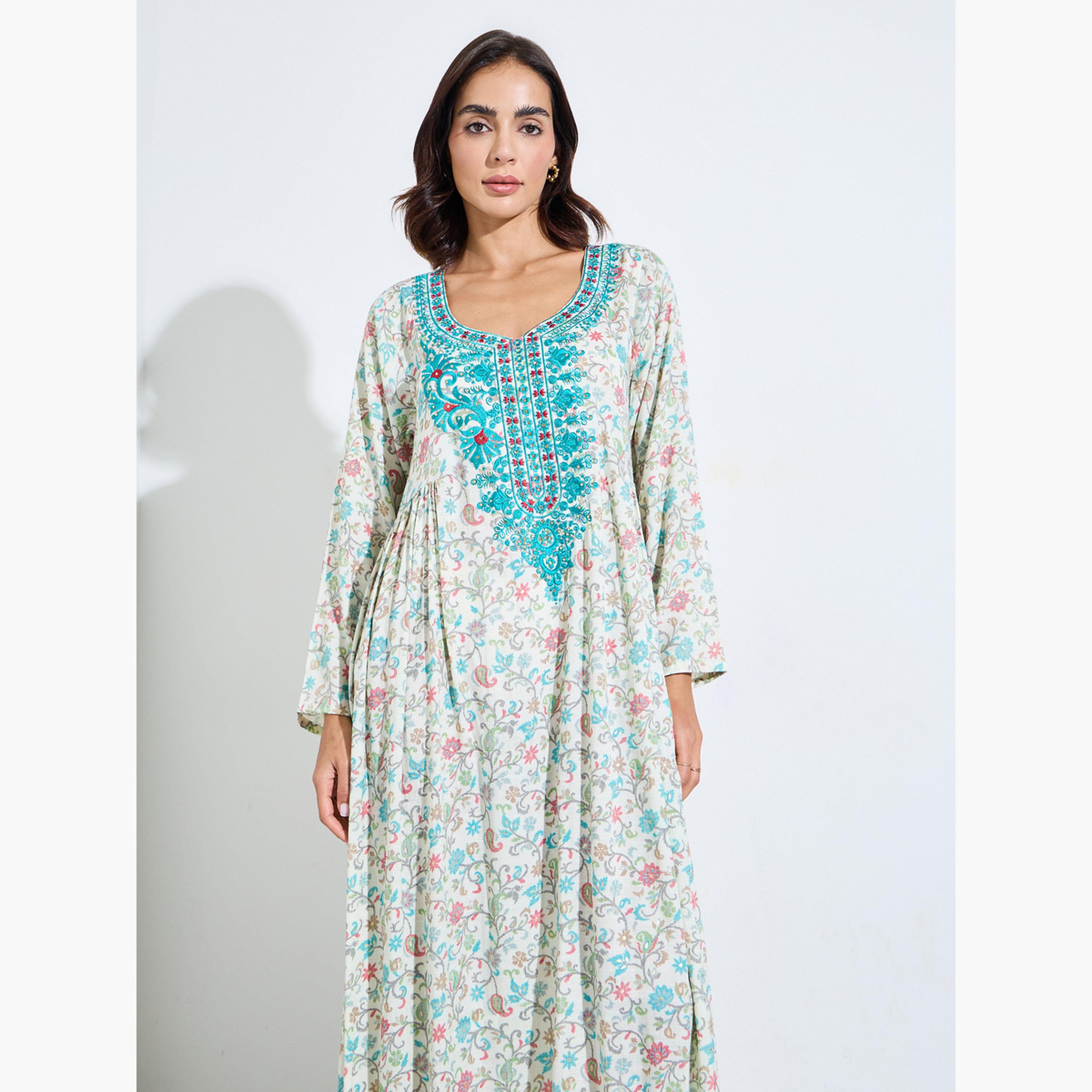 اميرة × ستايلي - جلابية ماكسي مطرزة بالزهور الخضراء-women-arabicclothing-jalabiyas-image-2