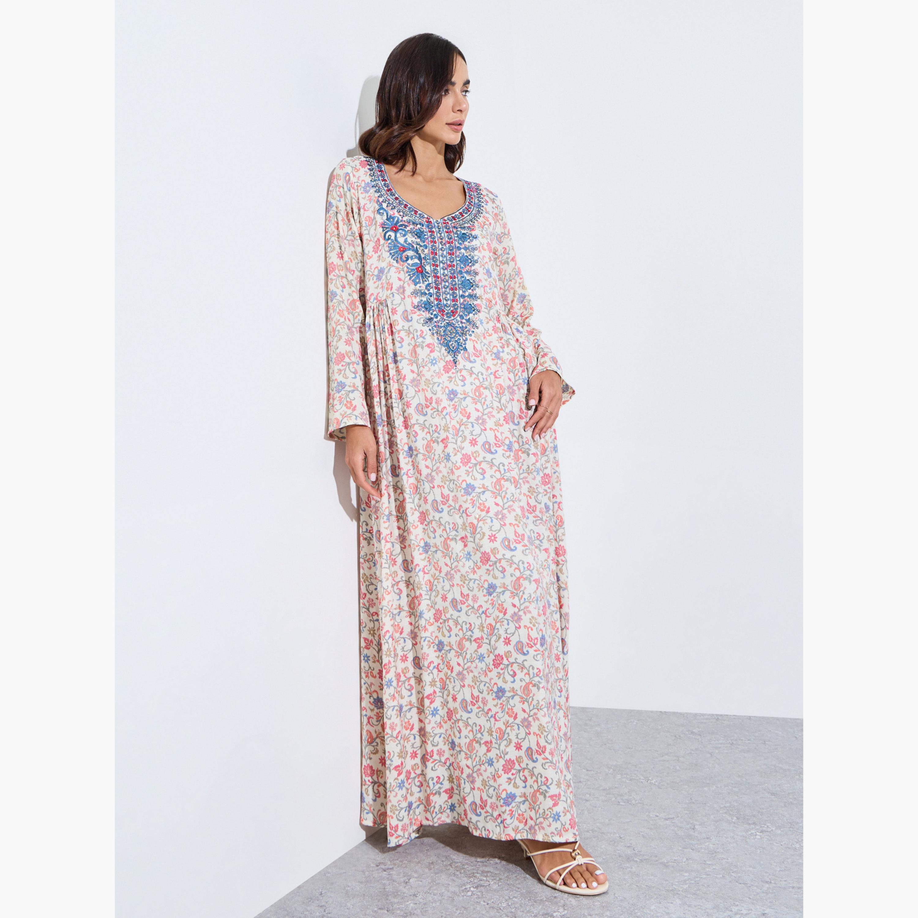 Amirah X Styli Pink Floral Embroidered Neck Maxi Jalabiya-women-arabicclothing-jalabiyas-image-1