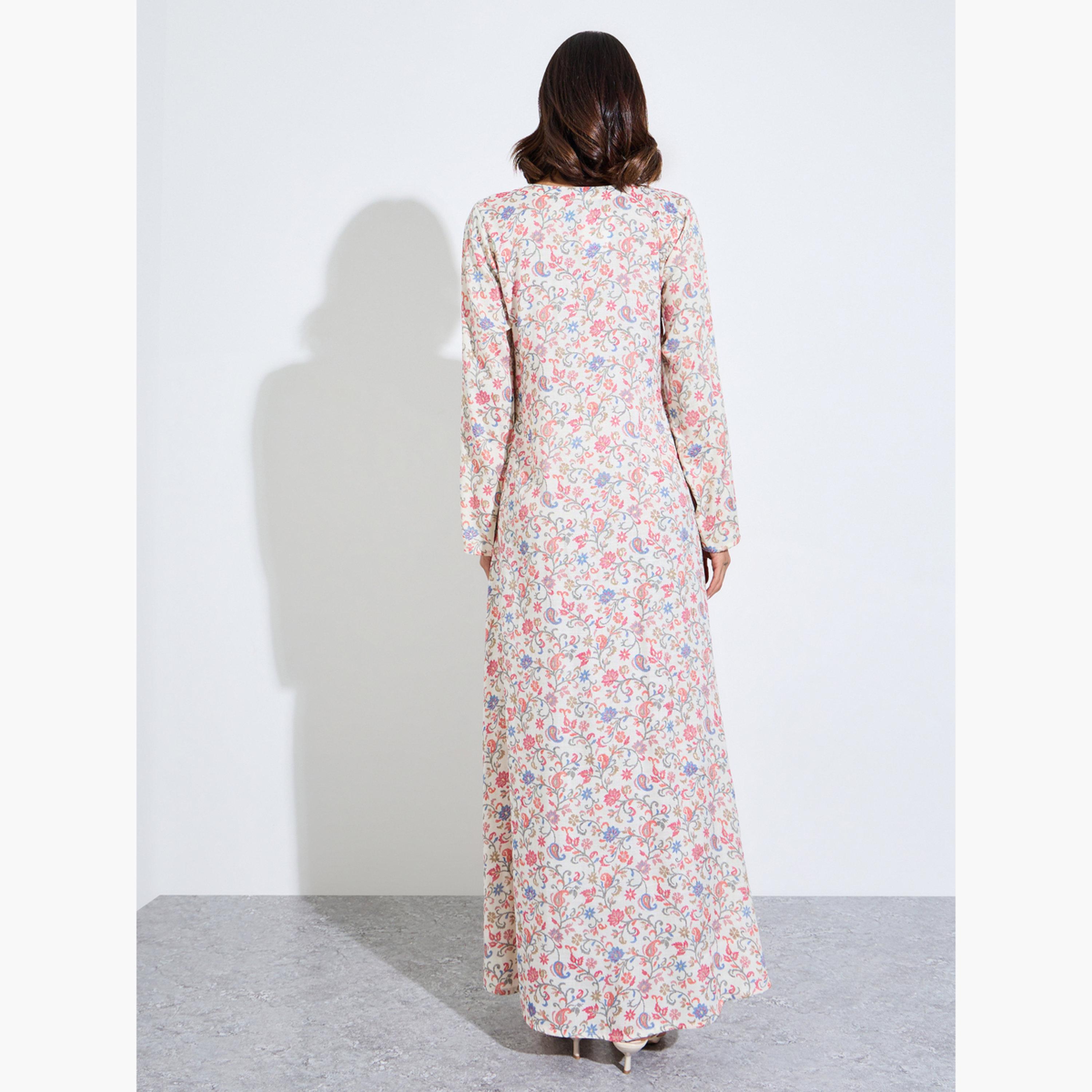Amirah X Styli Pink Floral Embroidered Neck Maxi Jalabiya-women-arabicclothing-jalabiyas-image-3