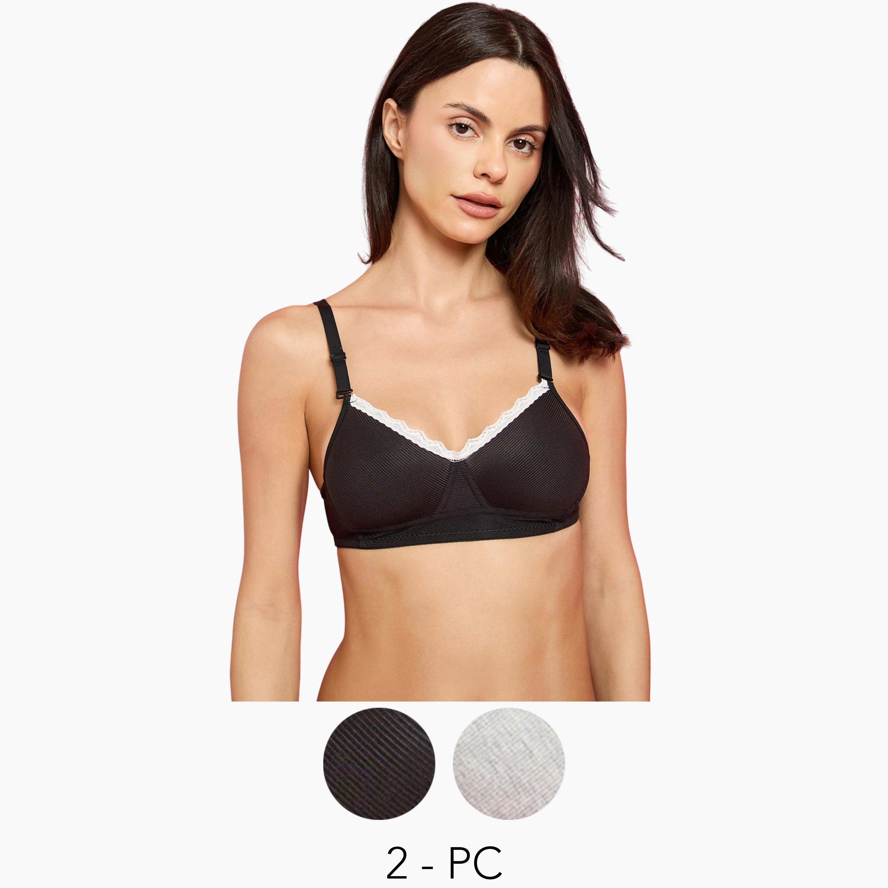 Styli Pack of 2 - Padded Non Wired Rib T-Shirt Bra with Lace Detail-women-clothing-lingerie-bras-image-1