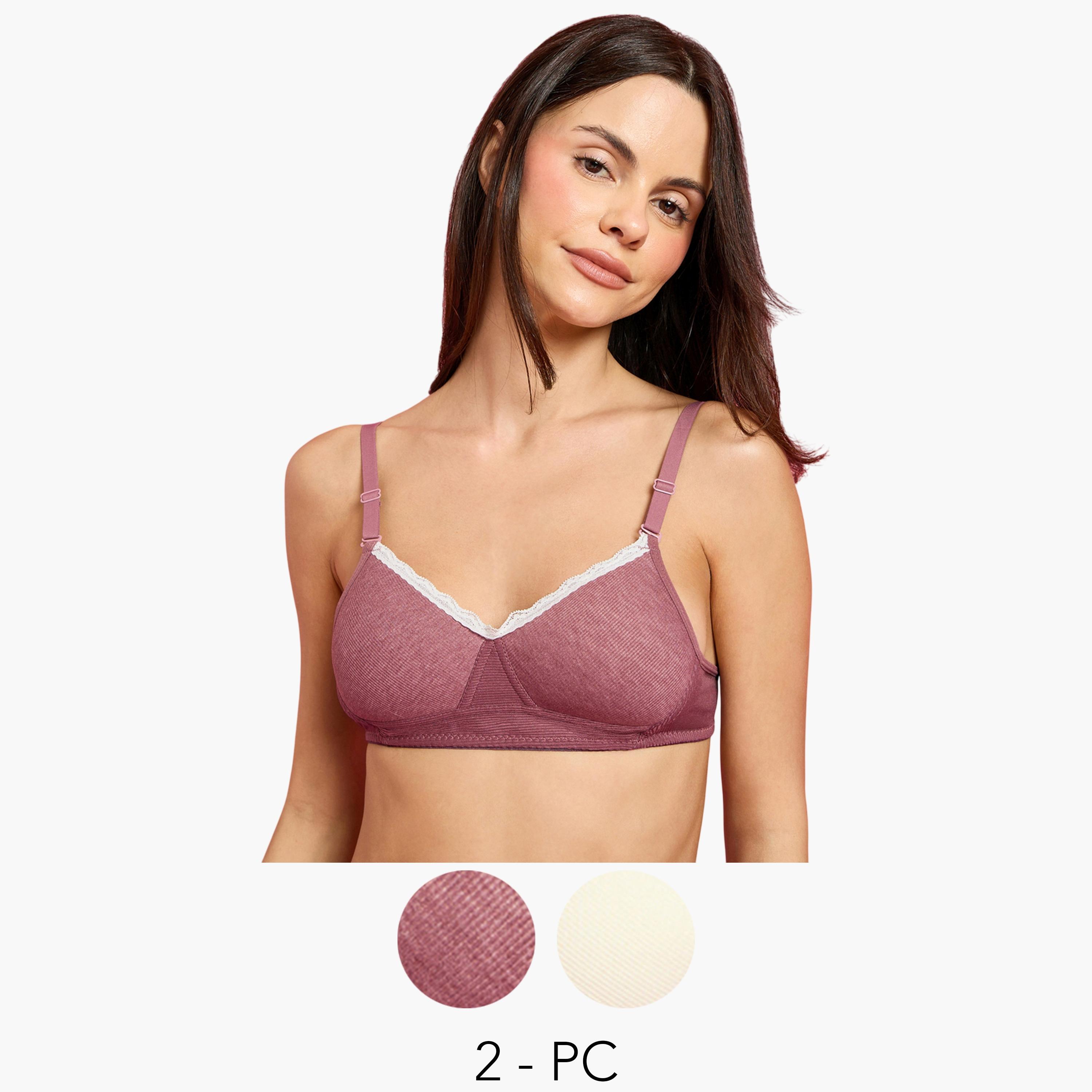 مجموعة من 2 صدرية تيشيرت مضلعة ومبطنة دون سلك مع تفاصيل دانتيل-women-clothing-lingerie-bras-image-1