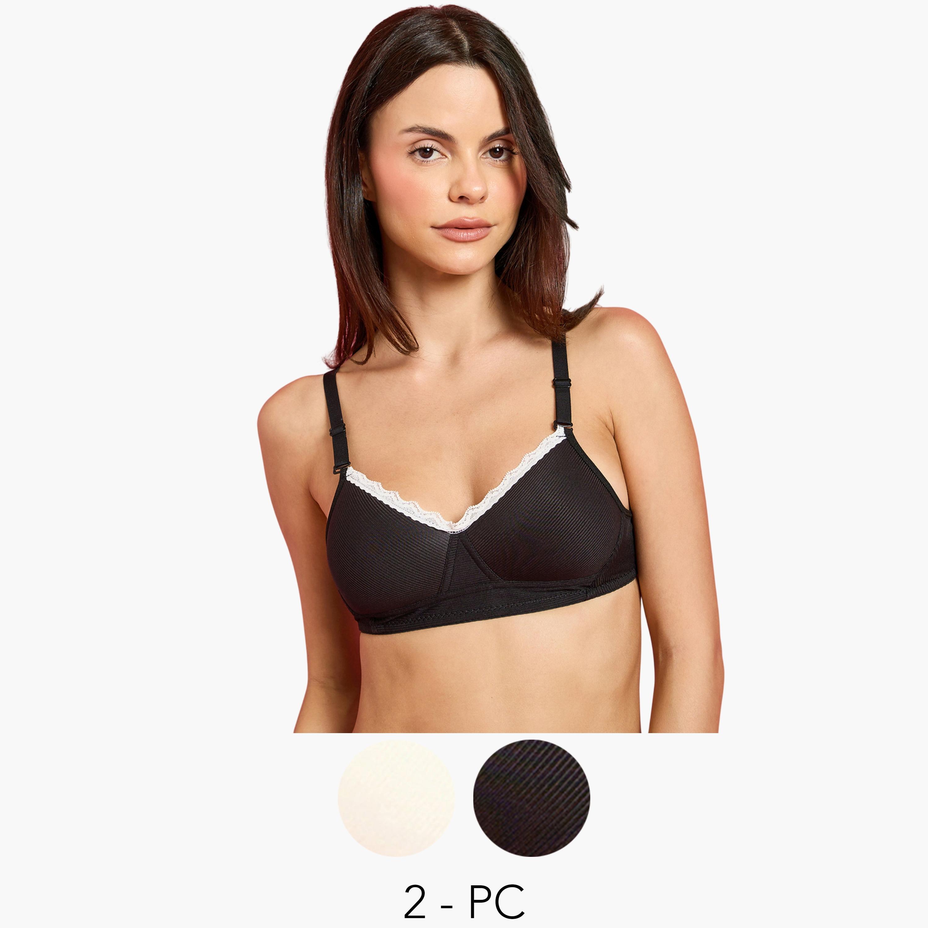 Styli Pack of 2 - Padded Non Wired Rib T-Shirt Bra with Lace Detail-women-clothing-lingerie-bras-image-1
