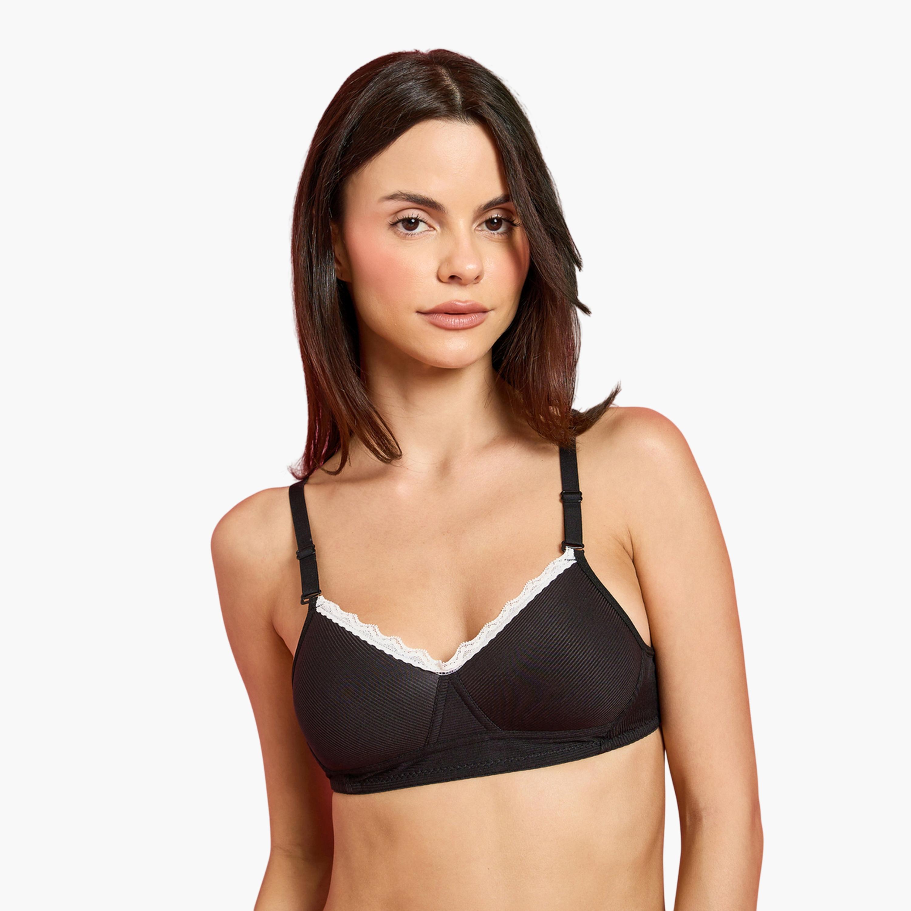 Styli Pack of 2 - Padded Non Wired Rib T-Shirt Bra with Lace Detail-women-clothing-lingerie-bras-image-4