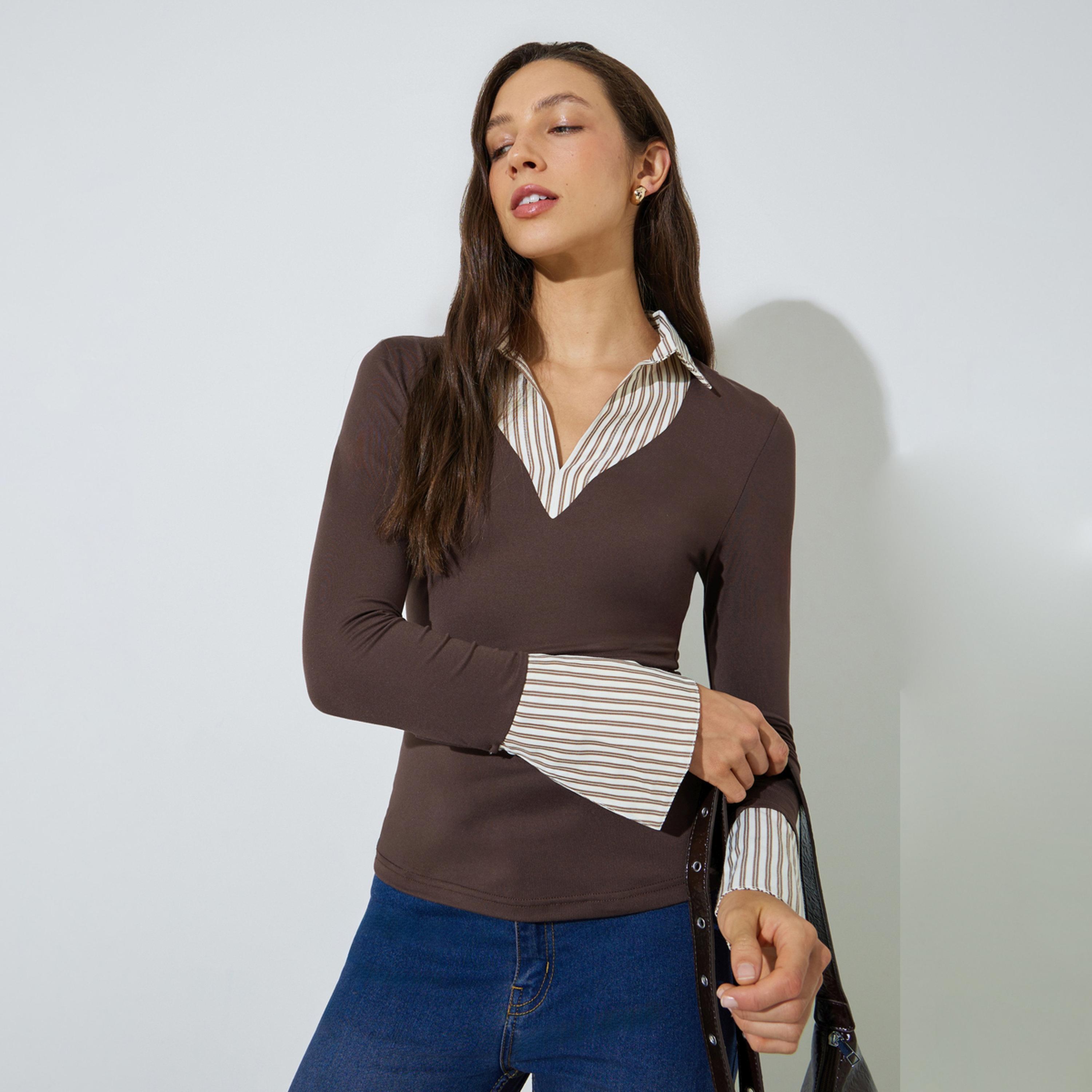 ستايلي - بلوزة بنية اللون بأكمام طويلة وياقة متعددة الطبقات-women-clothing-shirtsandblouses-blouses-image-1