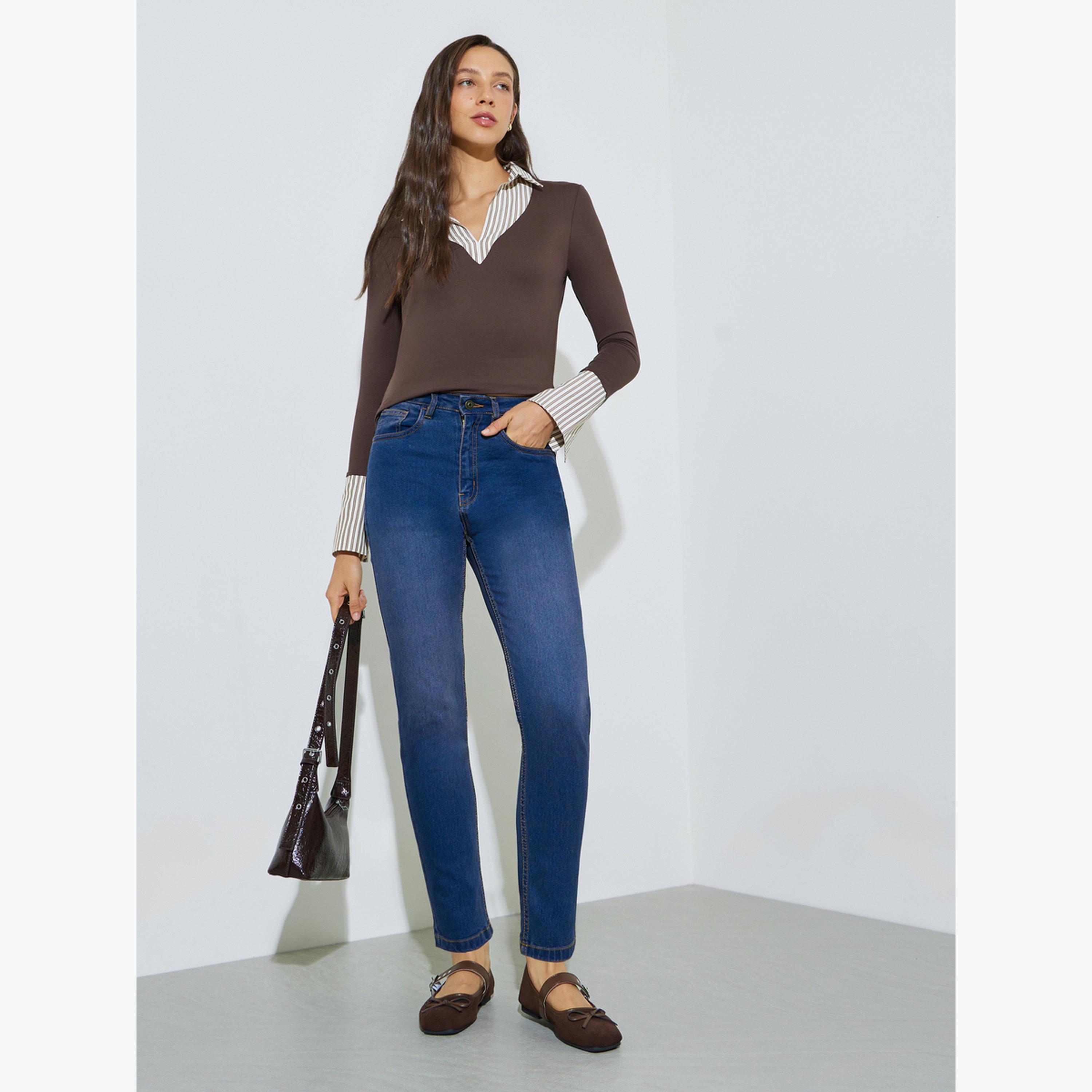 ستايلي - بلوزة بنية اللون بأكمام طويلة وياقة متعددة الطبقات-women-clothing-shirtsandblouses-blouses-image-2