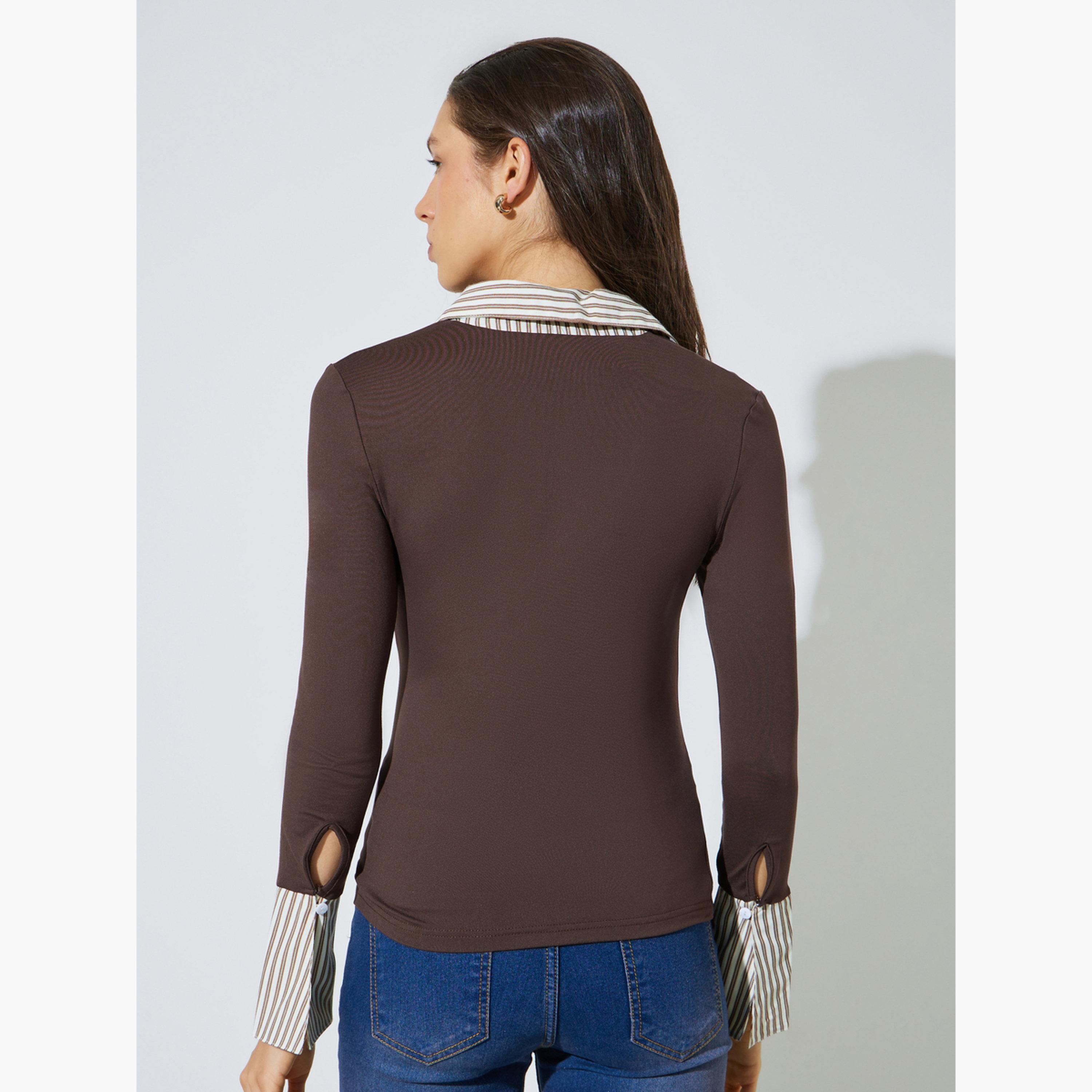 ستايلي - بلوزة بنية اللون بأكمام طويلة وياقة متعددة الطبقات-women-clothing-shirtsandblouses-blouses-image-3