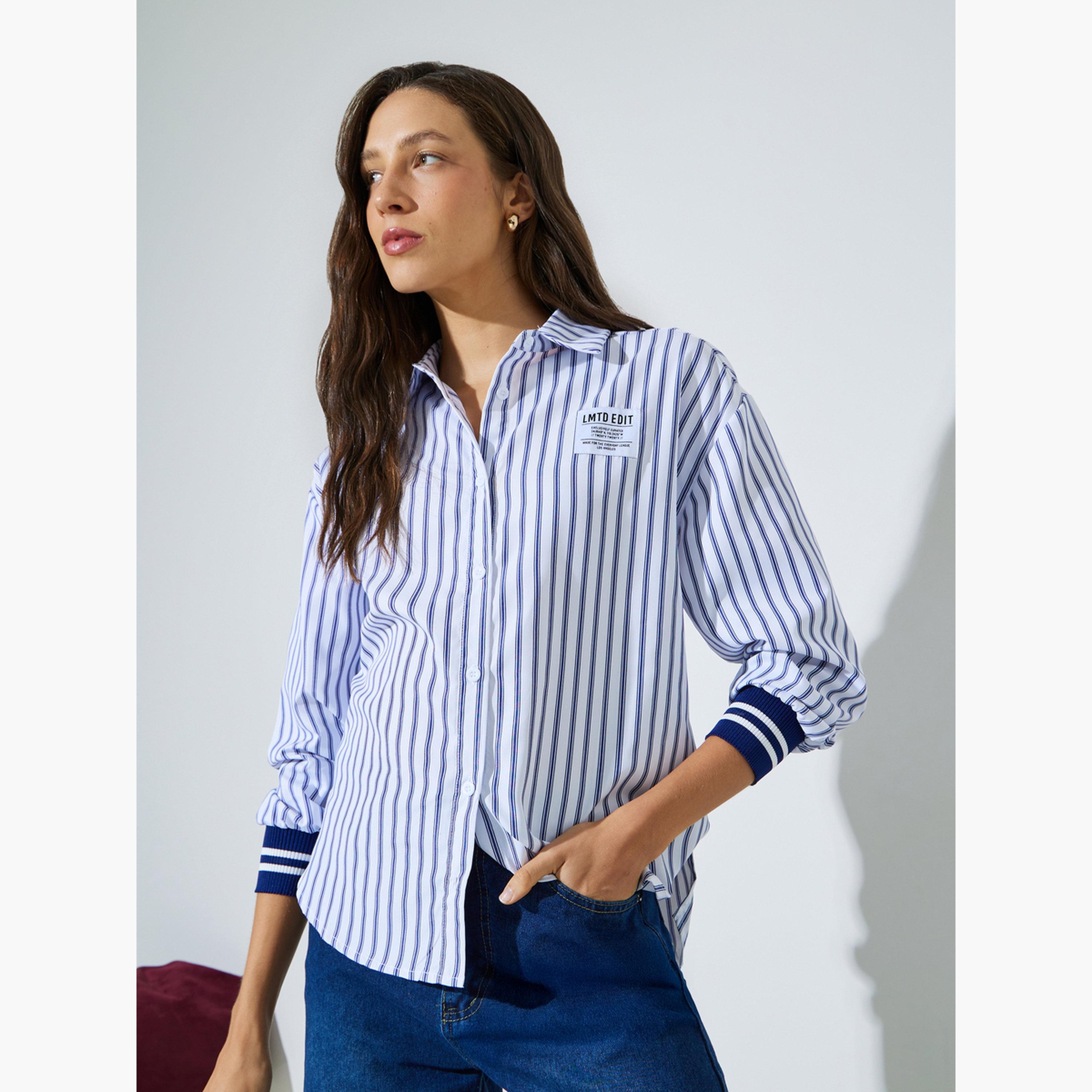 ستايلي - قميص بأكمام طويلة مخططة متعددة الألوان بأساور مضلعة-women-clothing-shirtsandblouses-shirts-image-1