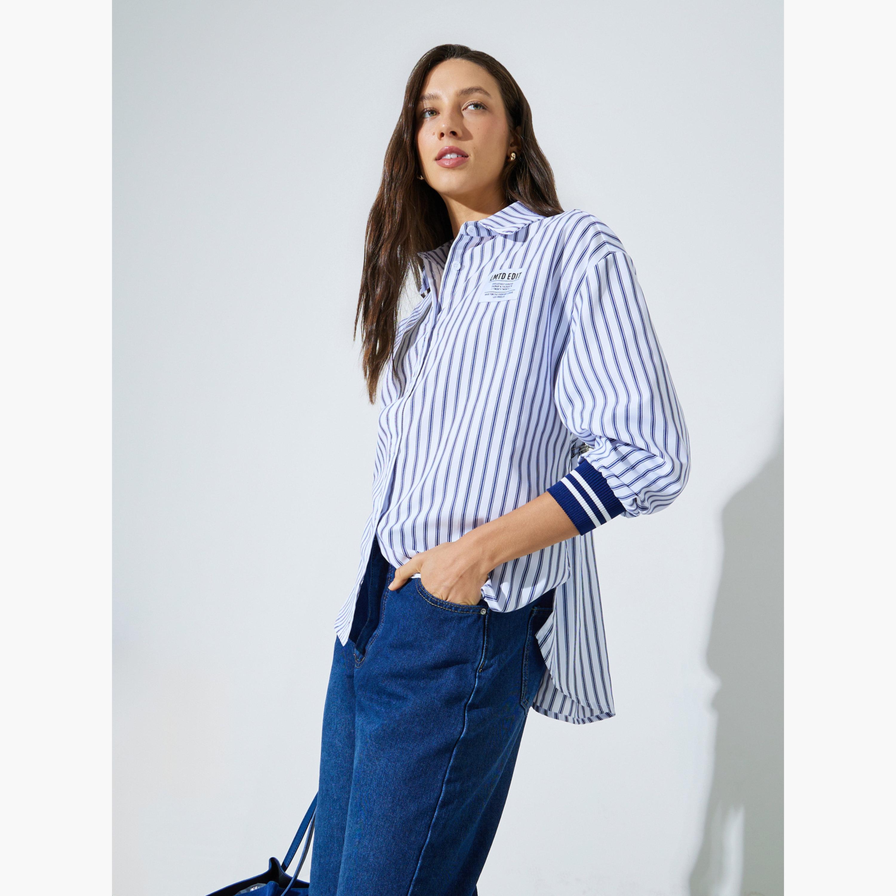 ستايلي - قميص بأكمام طويلة مخططة متعددة الألوان بأساور مضلعة-women-clothing-shirtsandblouses-shirts-image-3