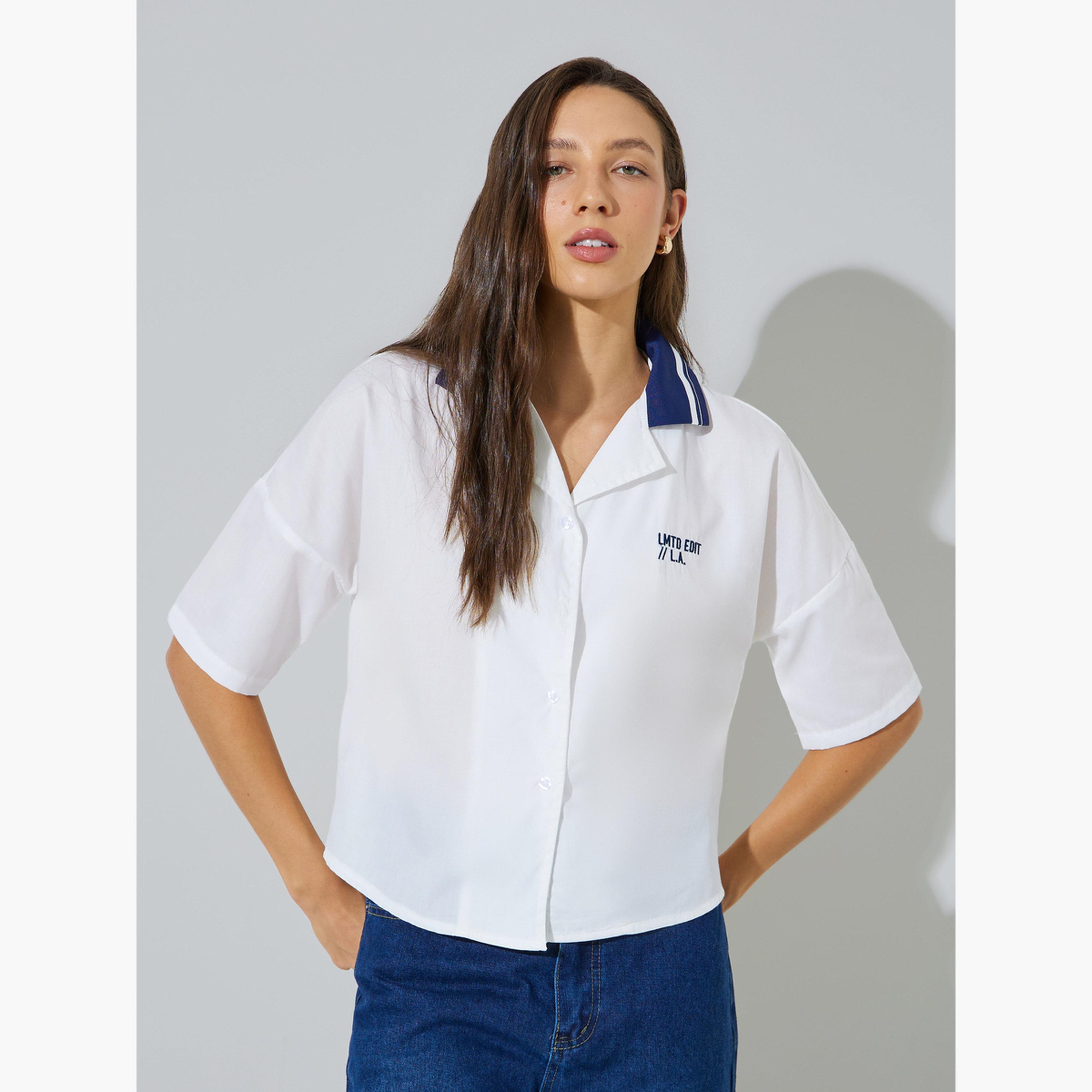 Styli Off-White Short Sleeve Contrast Collar Shirt-women-clothing-shirtsandblouses-shirts-image-1