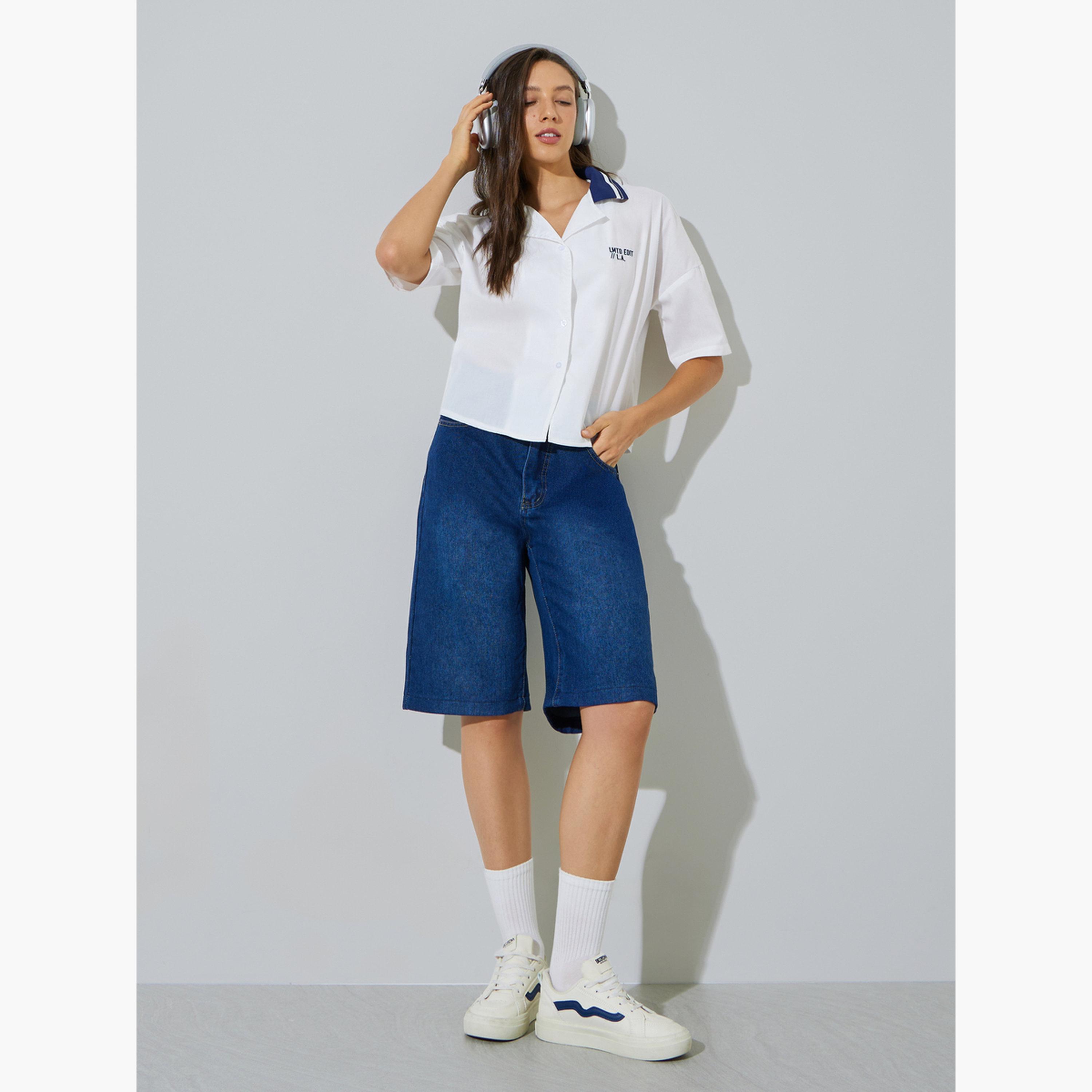 Styli Off-White Short Sleeve Contrast Collar Shirt-women-clothing-shirtsandblouses-shirts-image-2