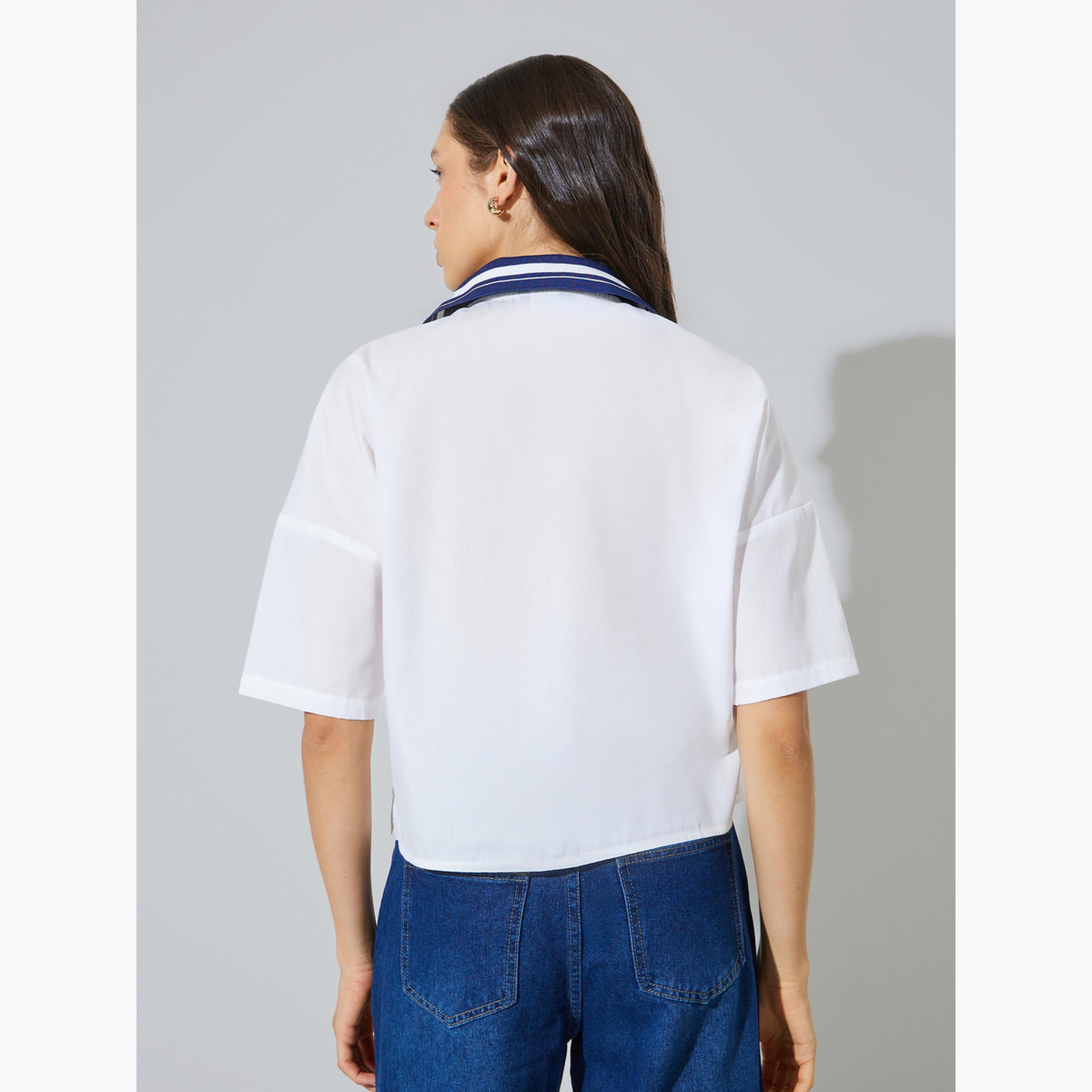Styli Off-White Short Sleeve Contrast Collar Shirt-women-clothing-shirtsandblouses-shirts-image-4