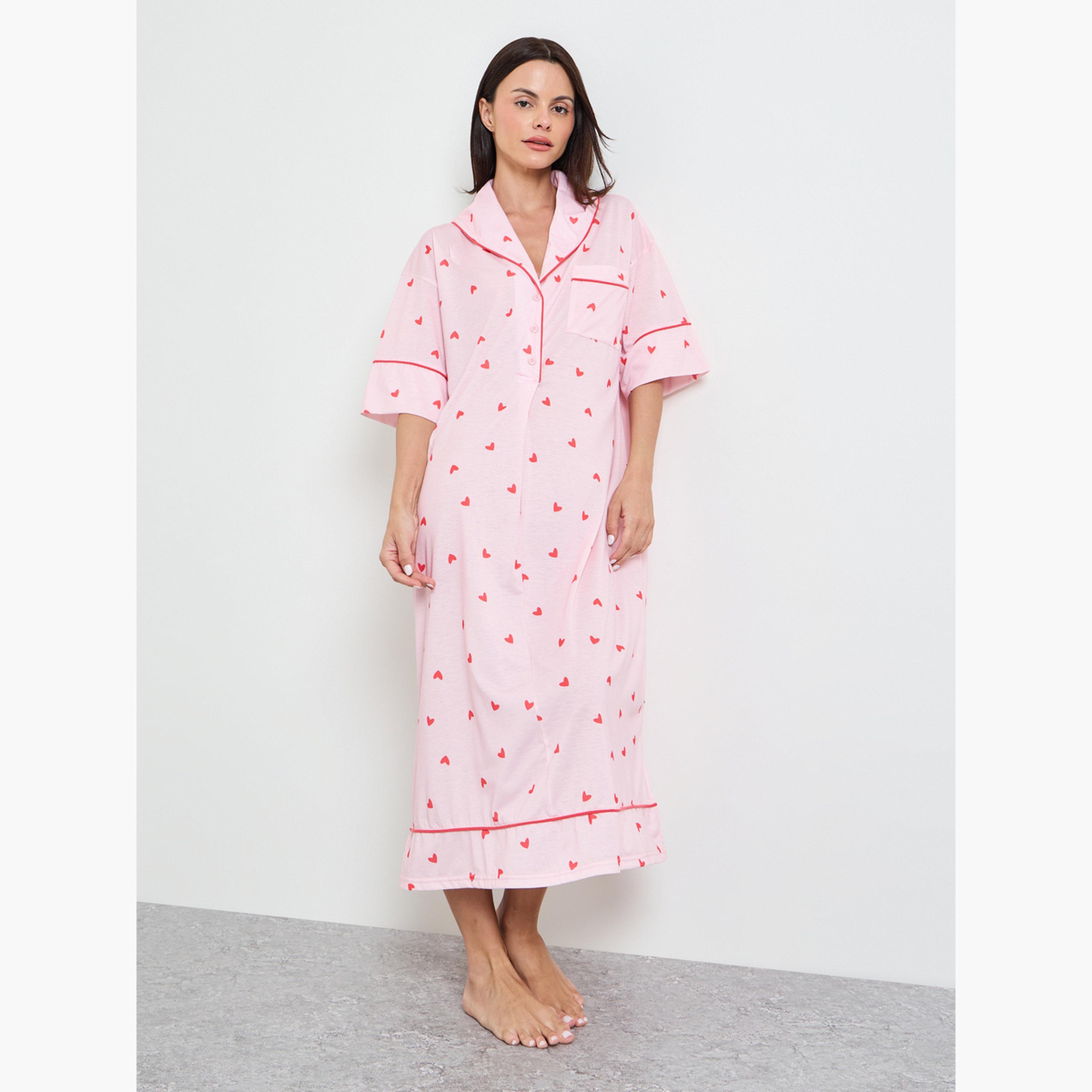 Styli Pink Contrast Piping Half Placket Heart Nightshirt-women-clothing-nightwear-nighties-image-1