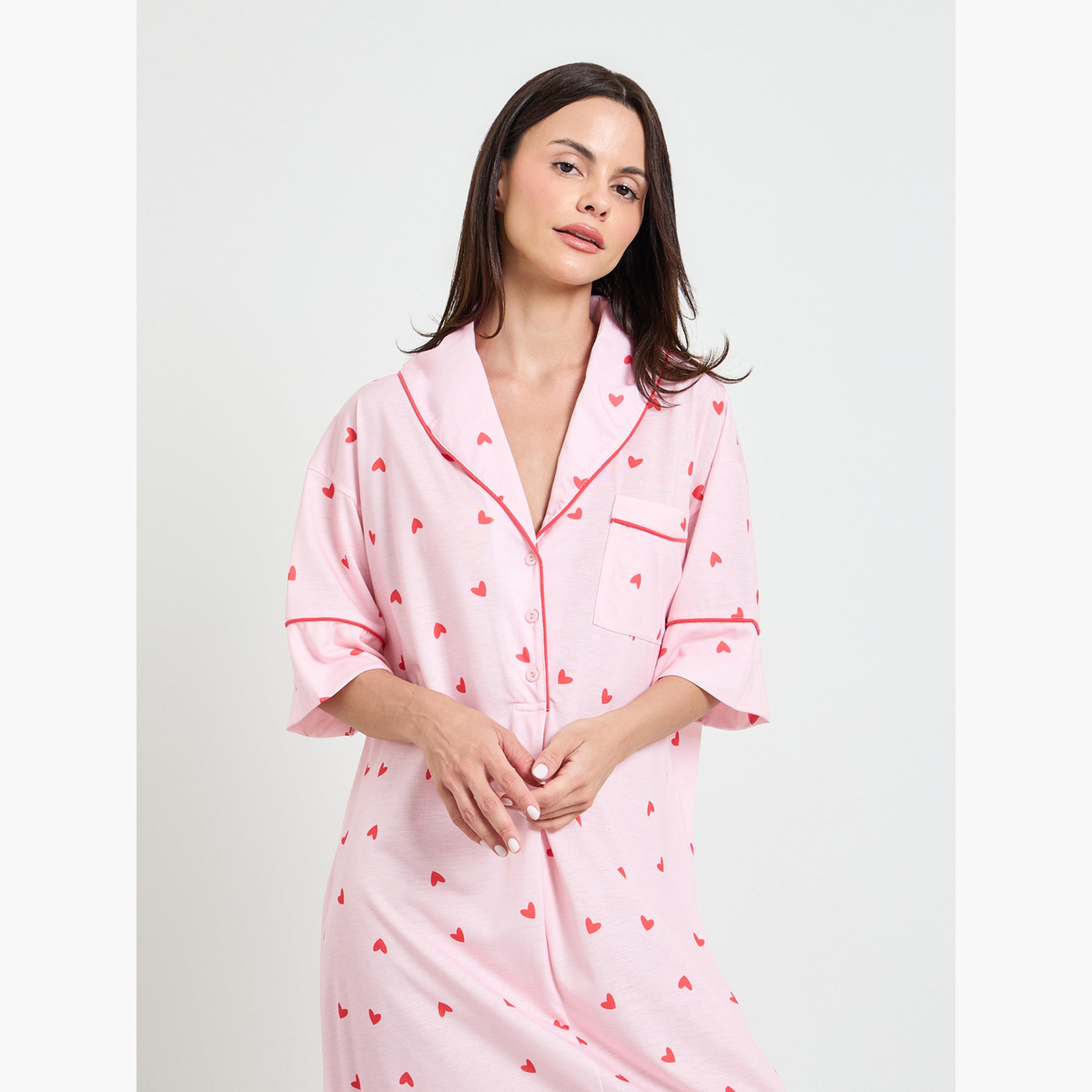 Styli Pink Contrast Piping Half Placket Heart Nightshirt-women-clothing-nightwear-nighties-image-2