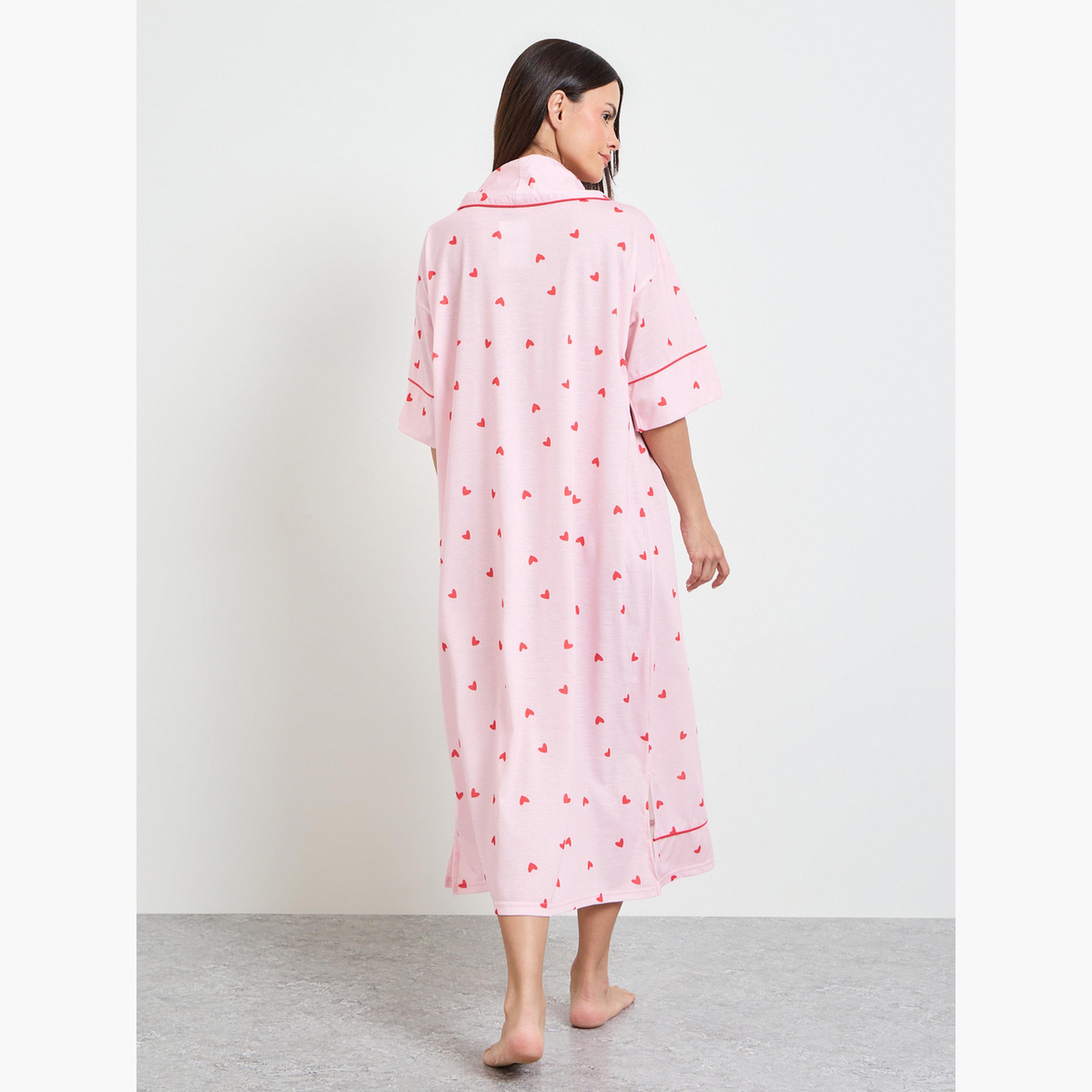 Styli Pink Contrast Piping Half Placket Heart Nightshirt-women-clothing-nightwear-nighties-image-3