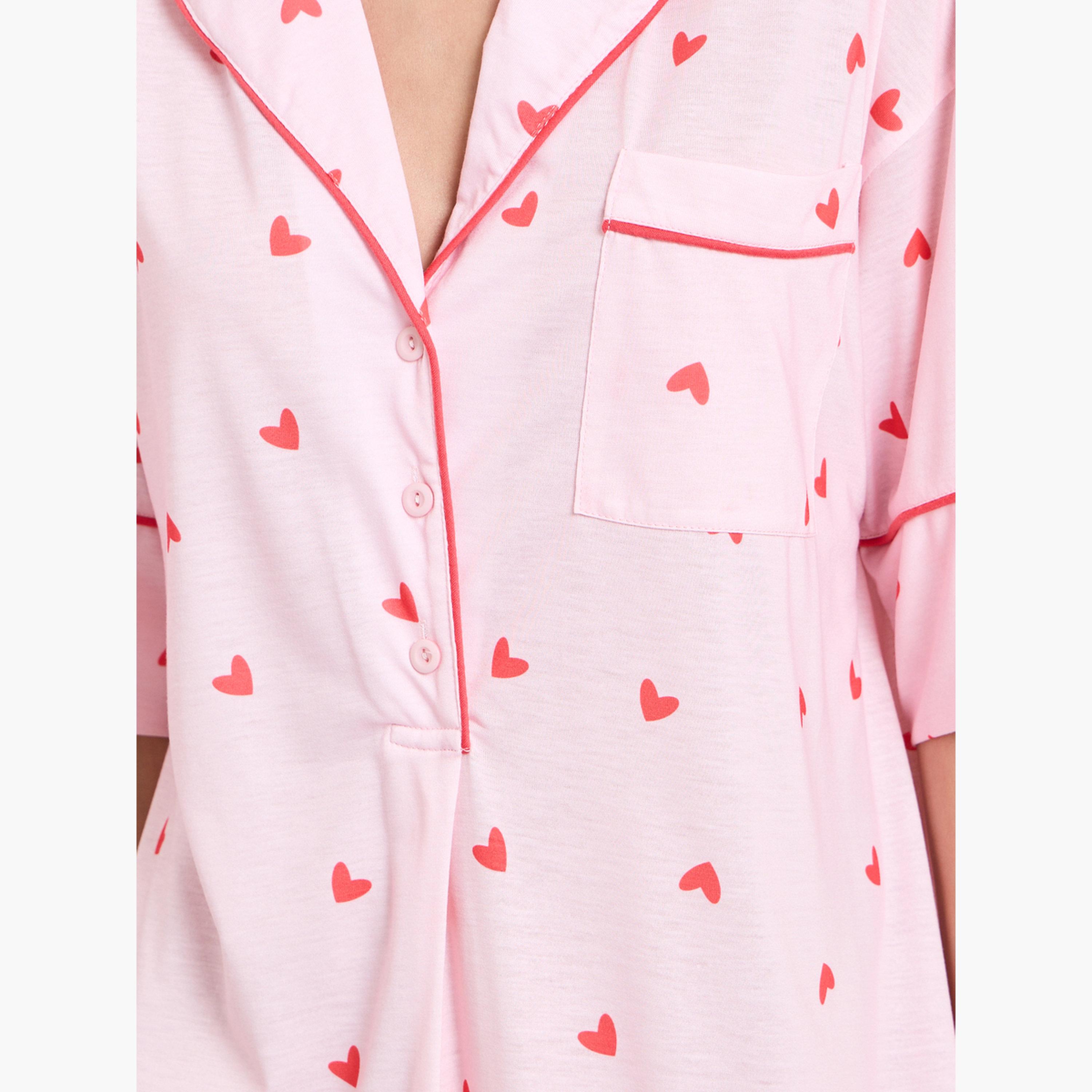 Styli Pink Contrast Piping Half Placket Heart Nightshirt-women-clothing-nightwear-nighties-image-4