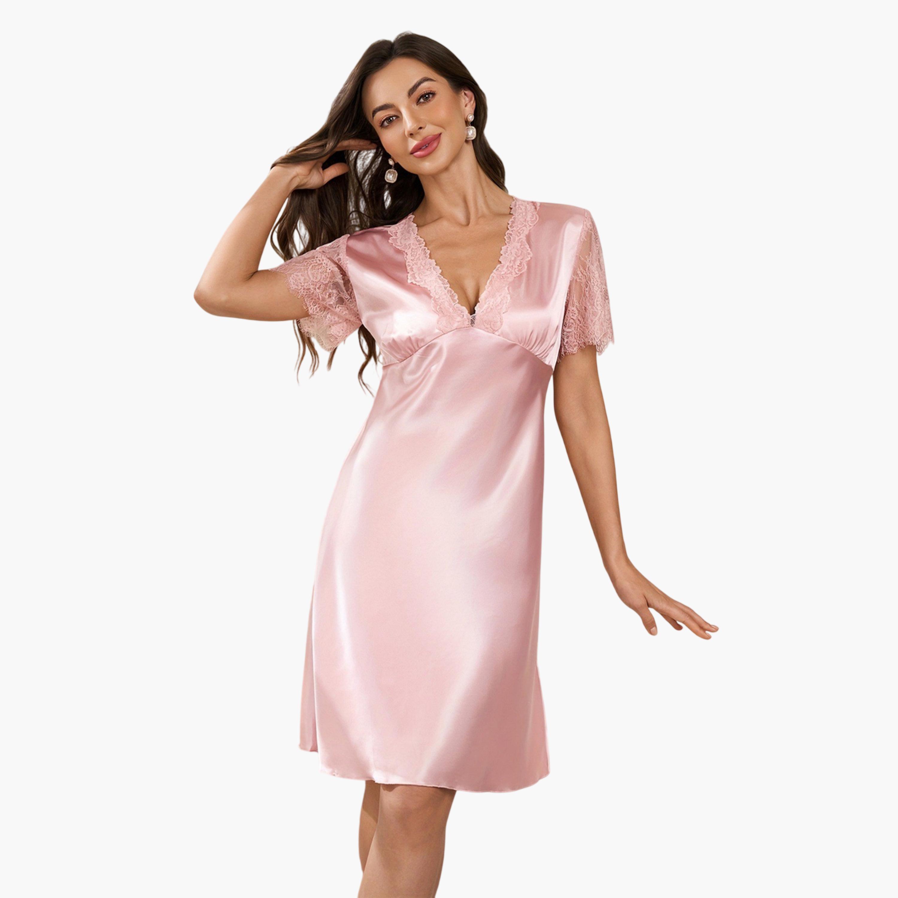 Take Two Light Pink Lace Trim Nightdress-women-clothing-nightwear-nighties-image-3