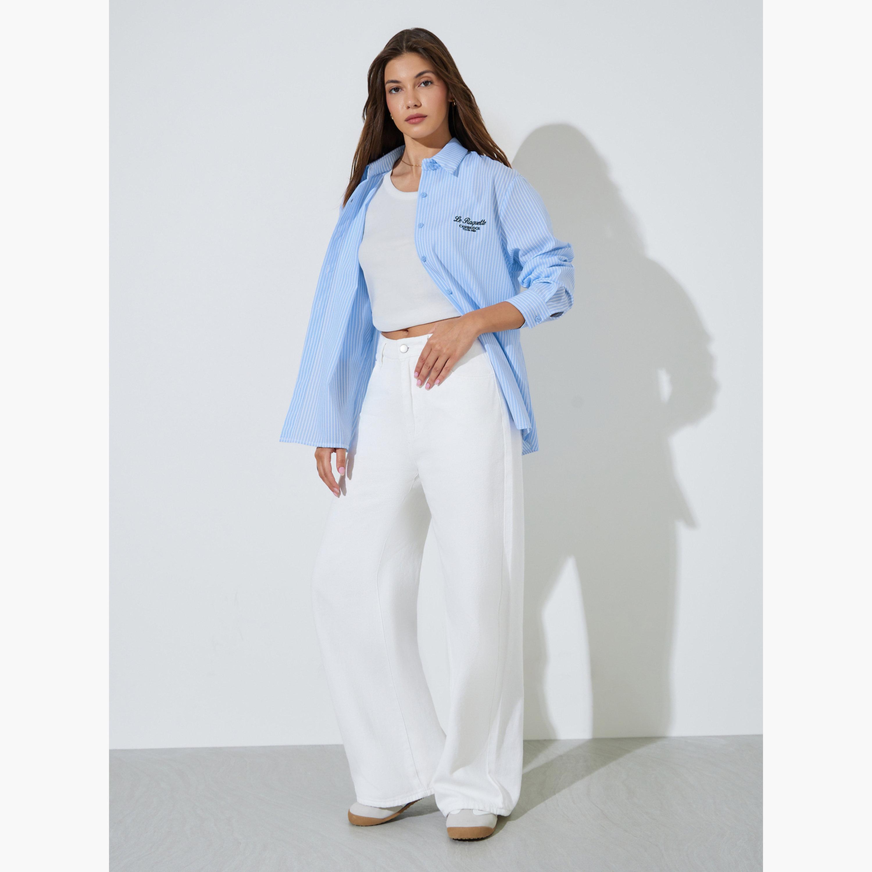 Styli Light Blue Striped Oversized Button-Up Shirt-women-clothing-shirtsandblouses-shirts-image-2