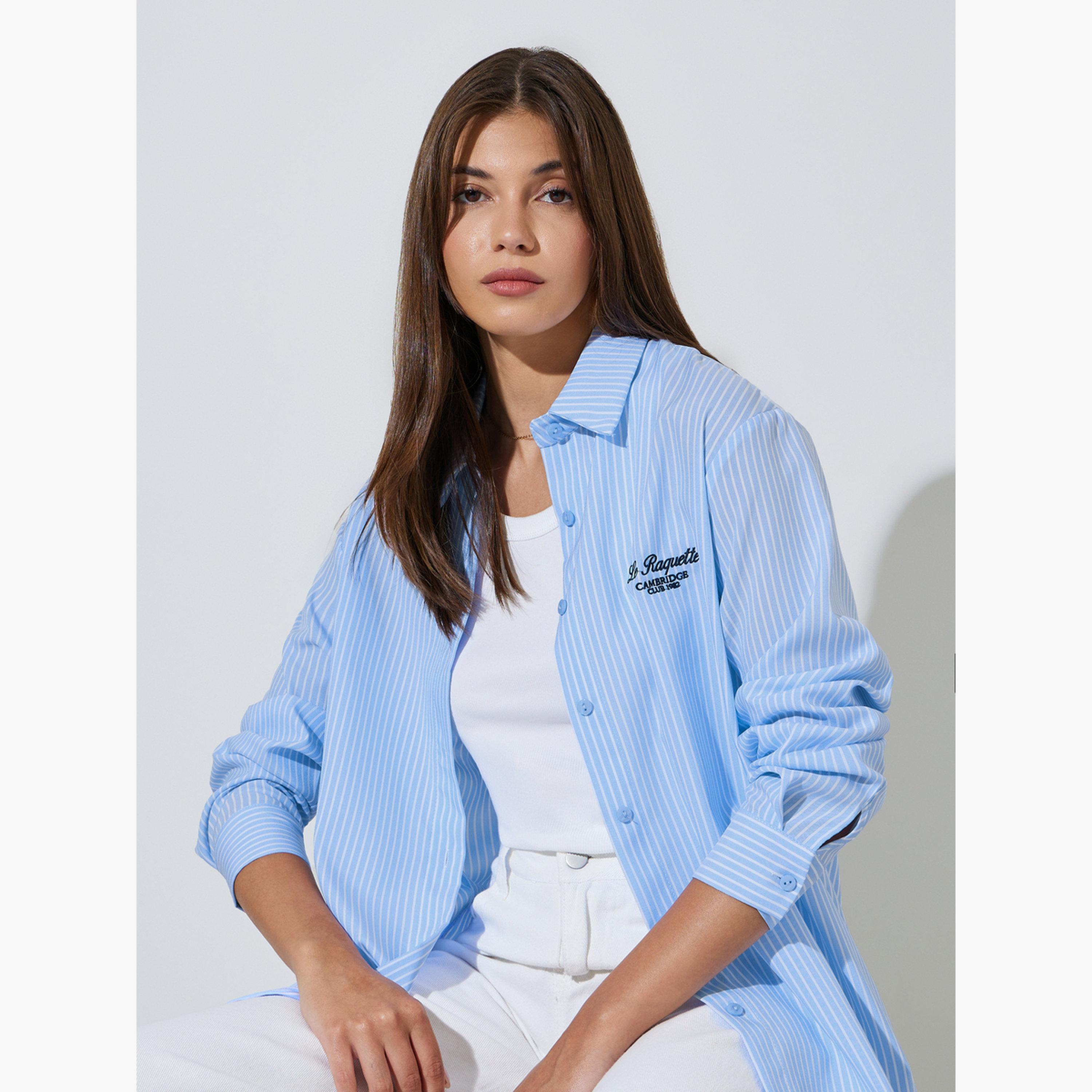 Styli Light Blue Striped Oversized Button-Up Shirt-women-clothing-shirtsandblouses-shirts-image-3