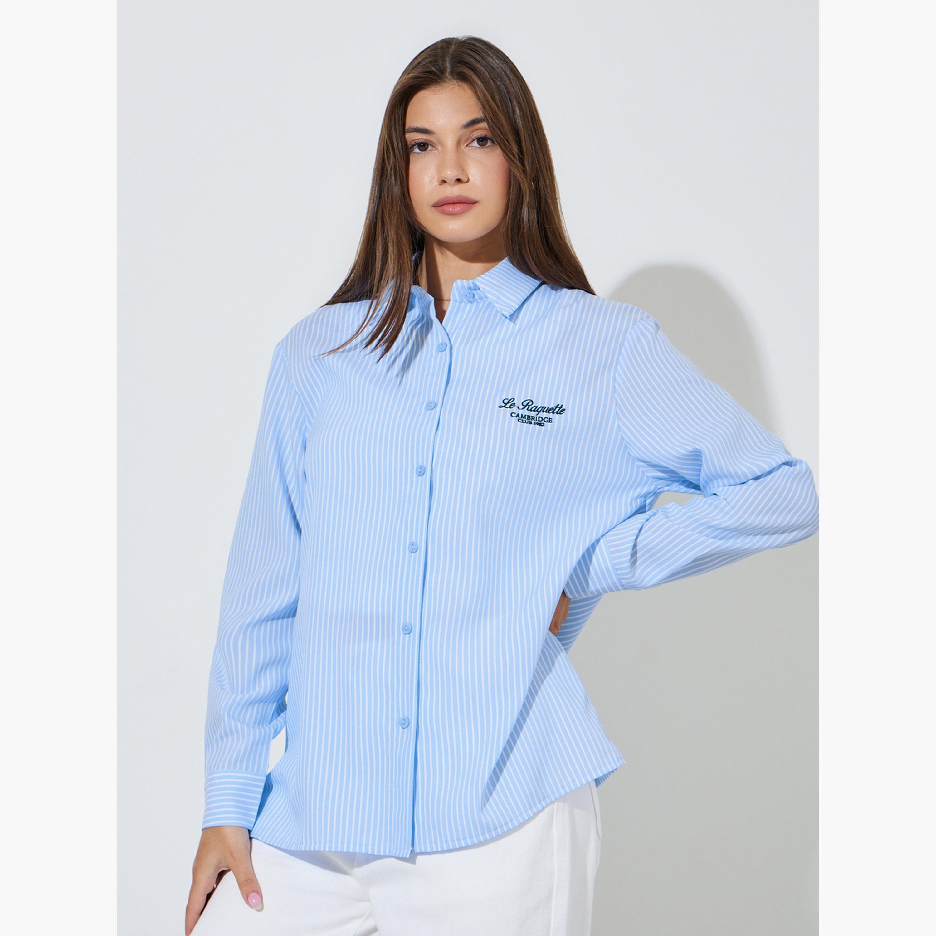 Styli Light Blue Striped Oversized Button-Up Shirt-women-clothing-shirtsandblouses-shirts-image-4