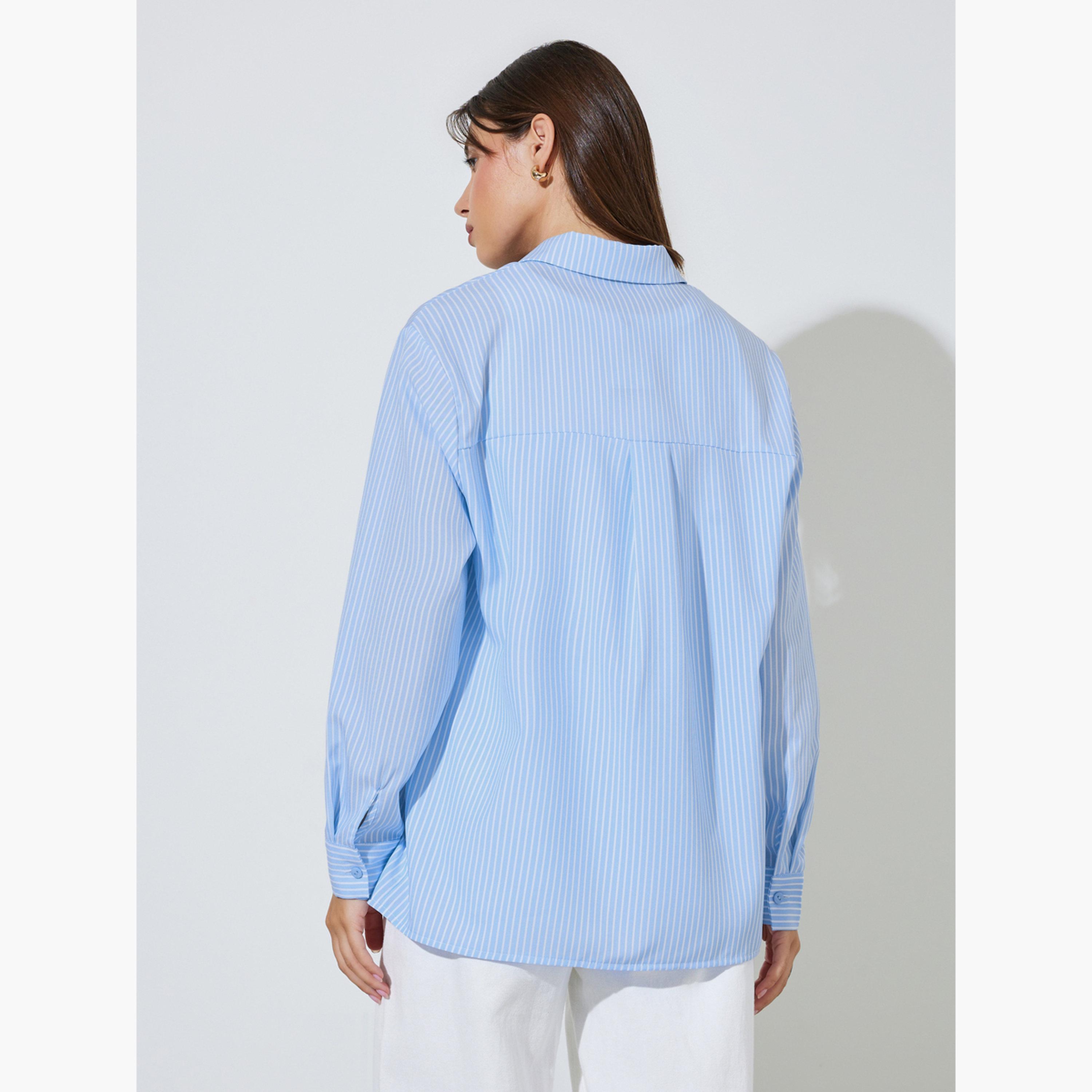 Styli Light Blue Striped Oversized Button-Up Shirt-women-clothing-shirtsandblouses-shirts-image-5