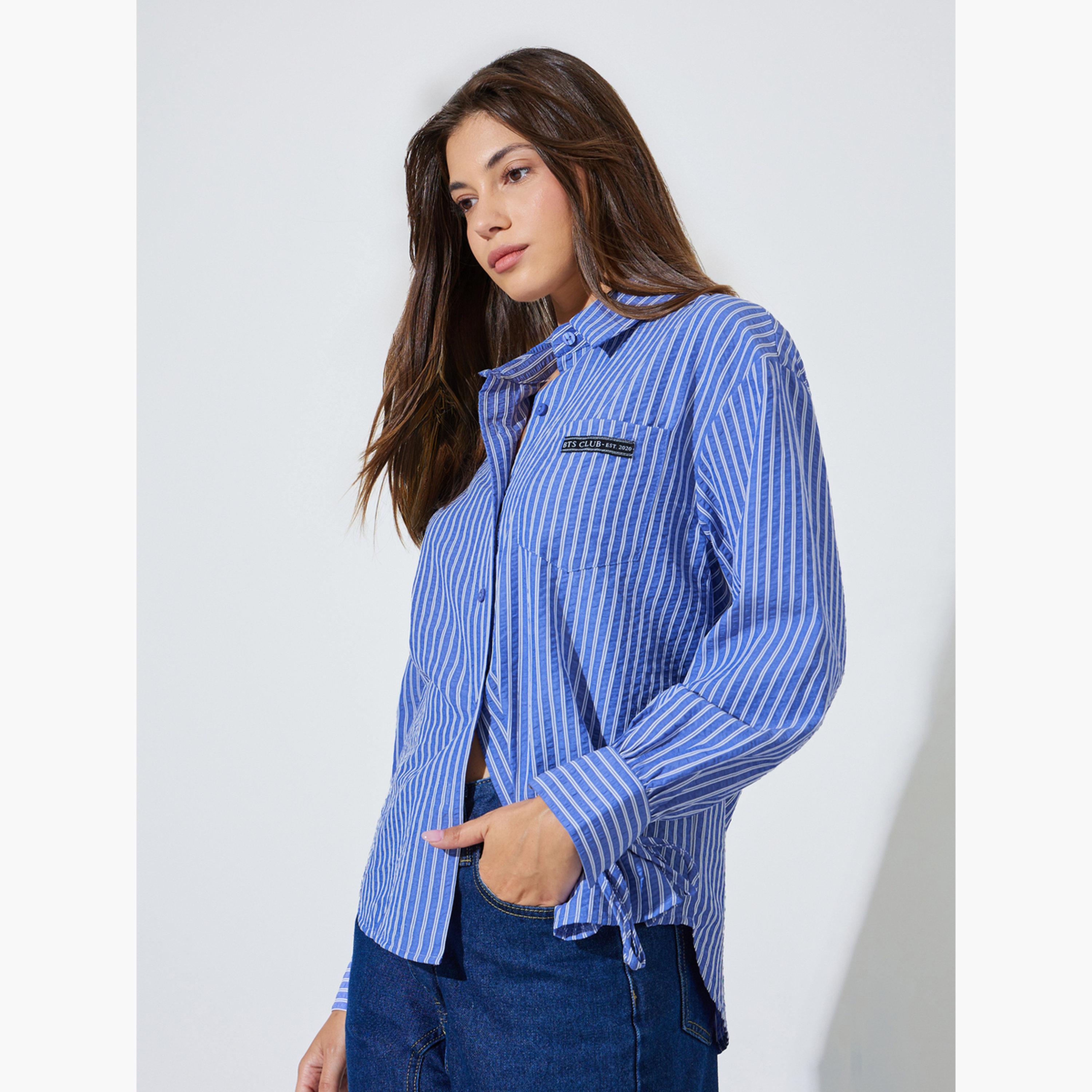 Styli Blue Longline Striped Shirt with Tie-Cuff-women-clothing-shirtsandblouses-shirts-image-1