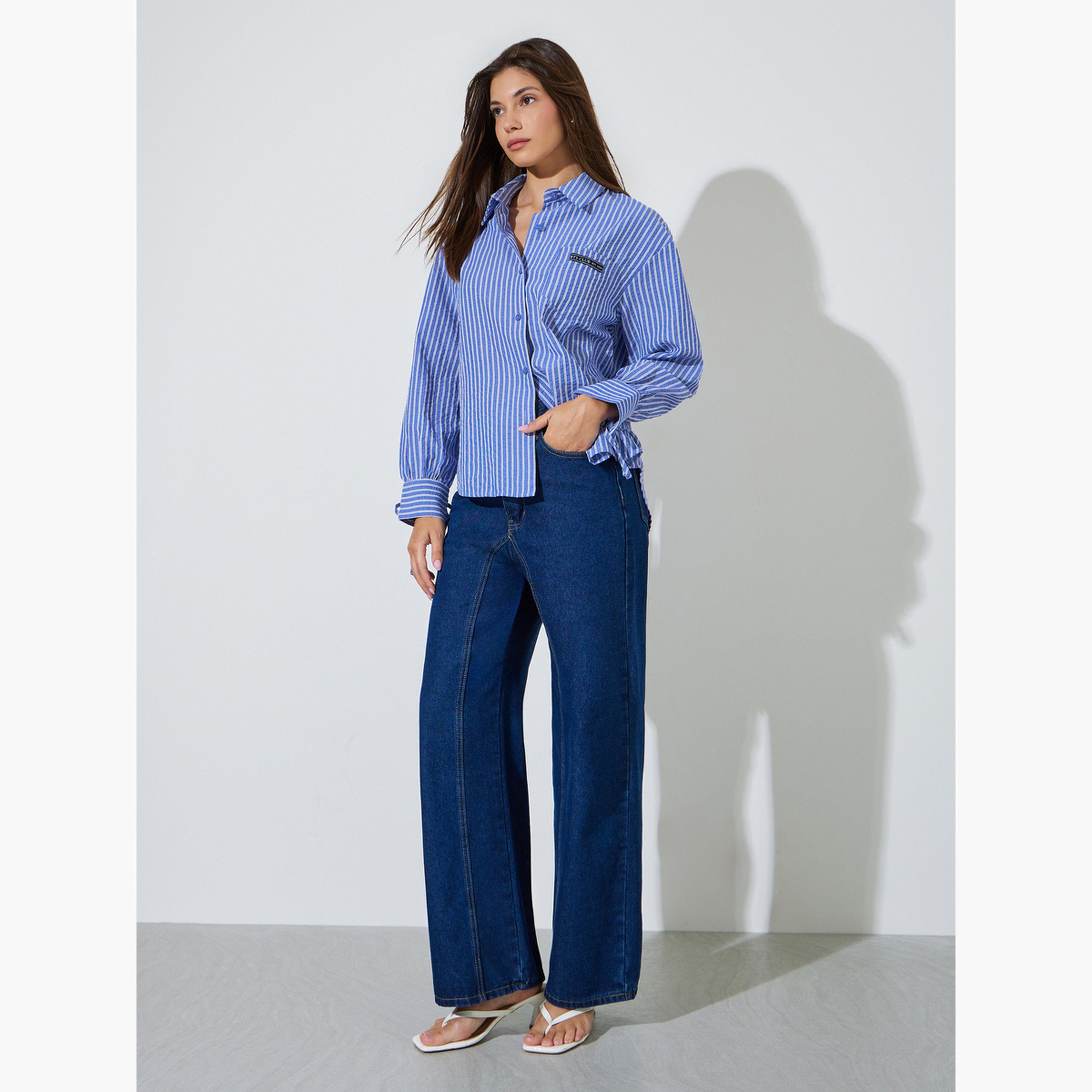 Styli Blue Longline Striped Shirt with Tie-Cuff-women-clothing-shirtsandblouses-shirts-image-2