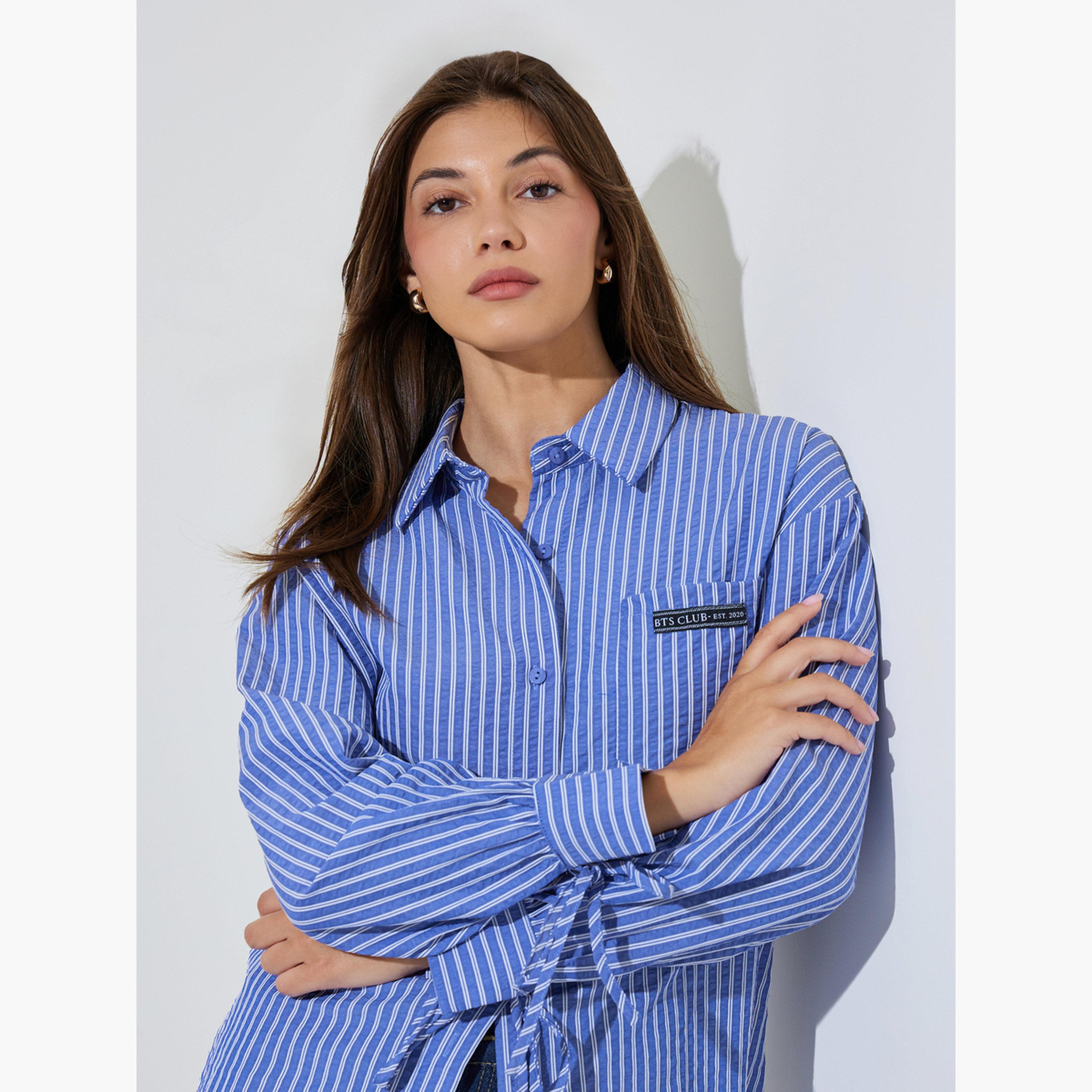Styli Blue Longline Striped Shirt with Tie-Cuff-women-clothing-shirtsandblouses-shirts-image-3
