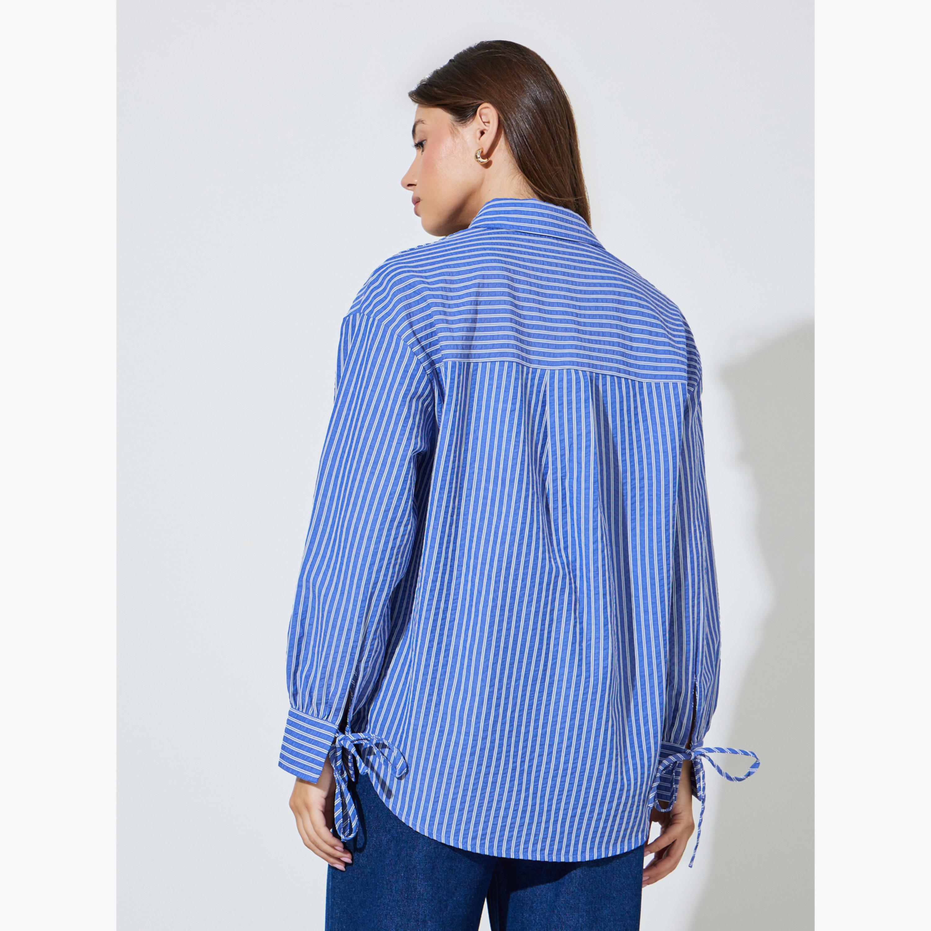 Styli Blue Longline Striped Shirt with Tie-Cuff-women-clothing-shirtsandblouses-shirts-image-4