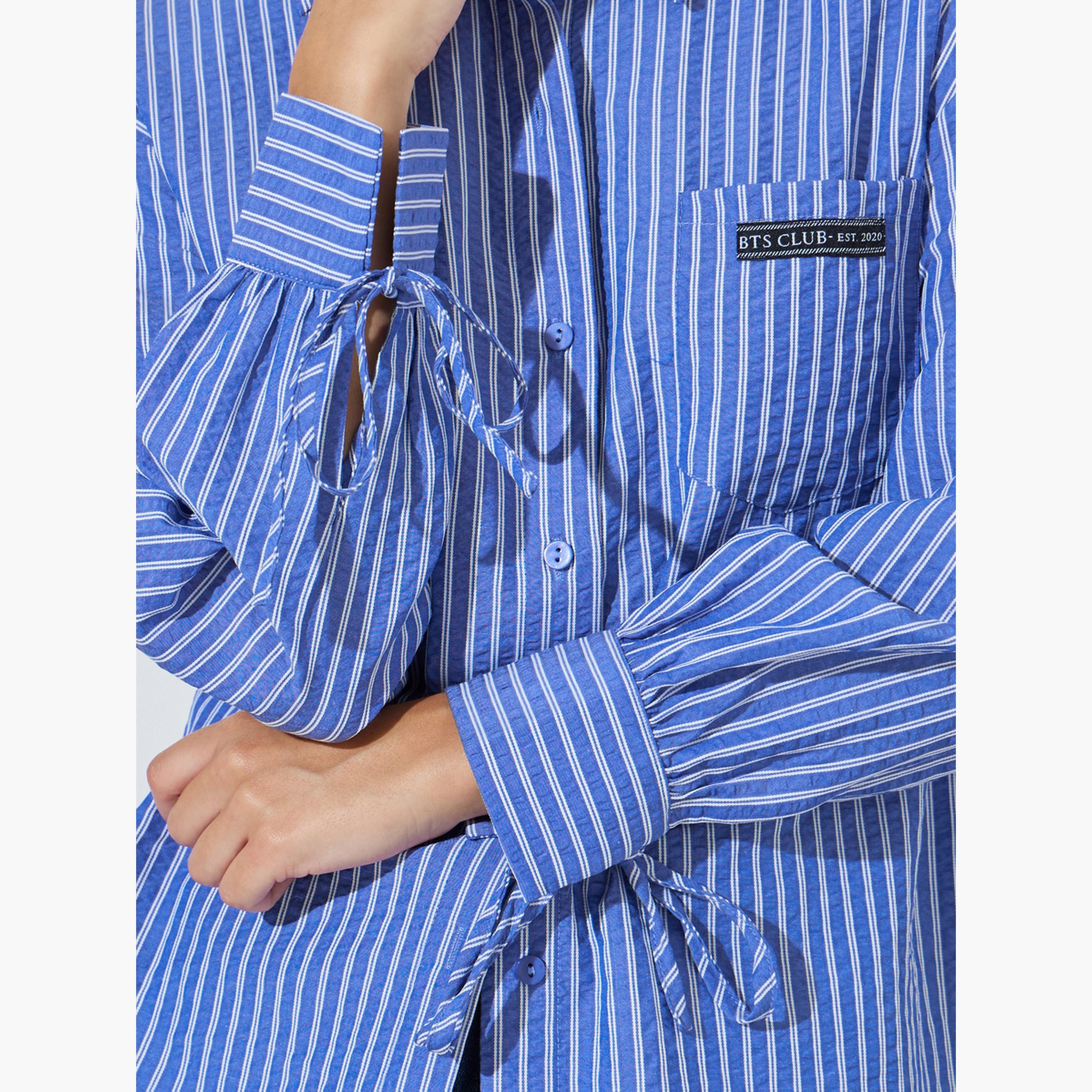 Styli Blue Longline Striped Shirt with Tie-Cuff-women-clothing-shirtsandblouses-shirts-image-5