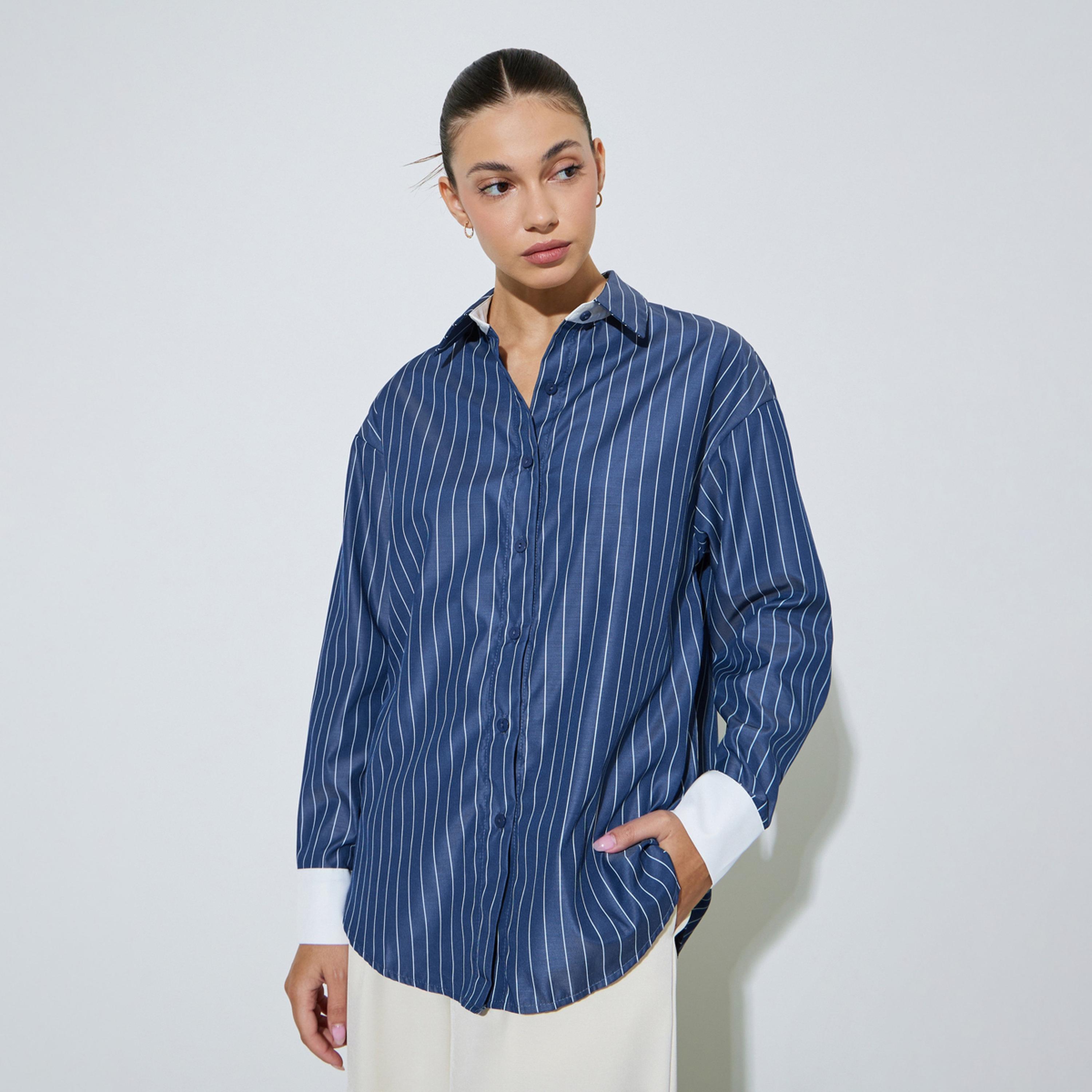 Styli Navy Blue Striped Oversized Shirt-women-clothing-shirtsandblouses-shirts-image-1