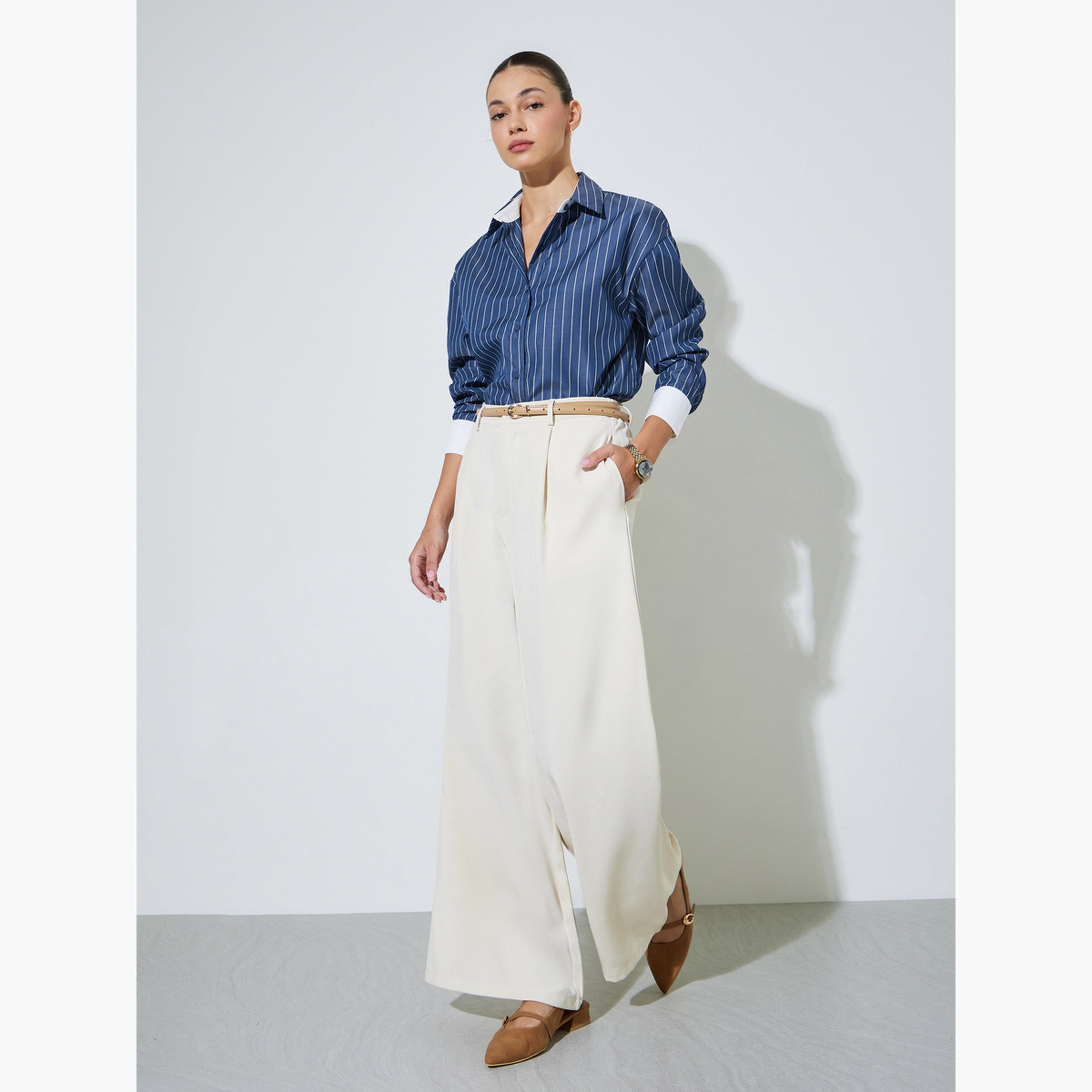Styli Navy Blue Striped Oversized Shirt-women-clothing-shirtsandblouses-shirts-image-2