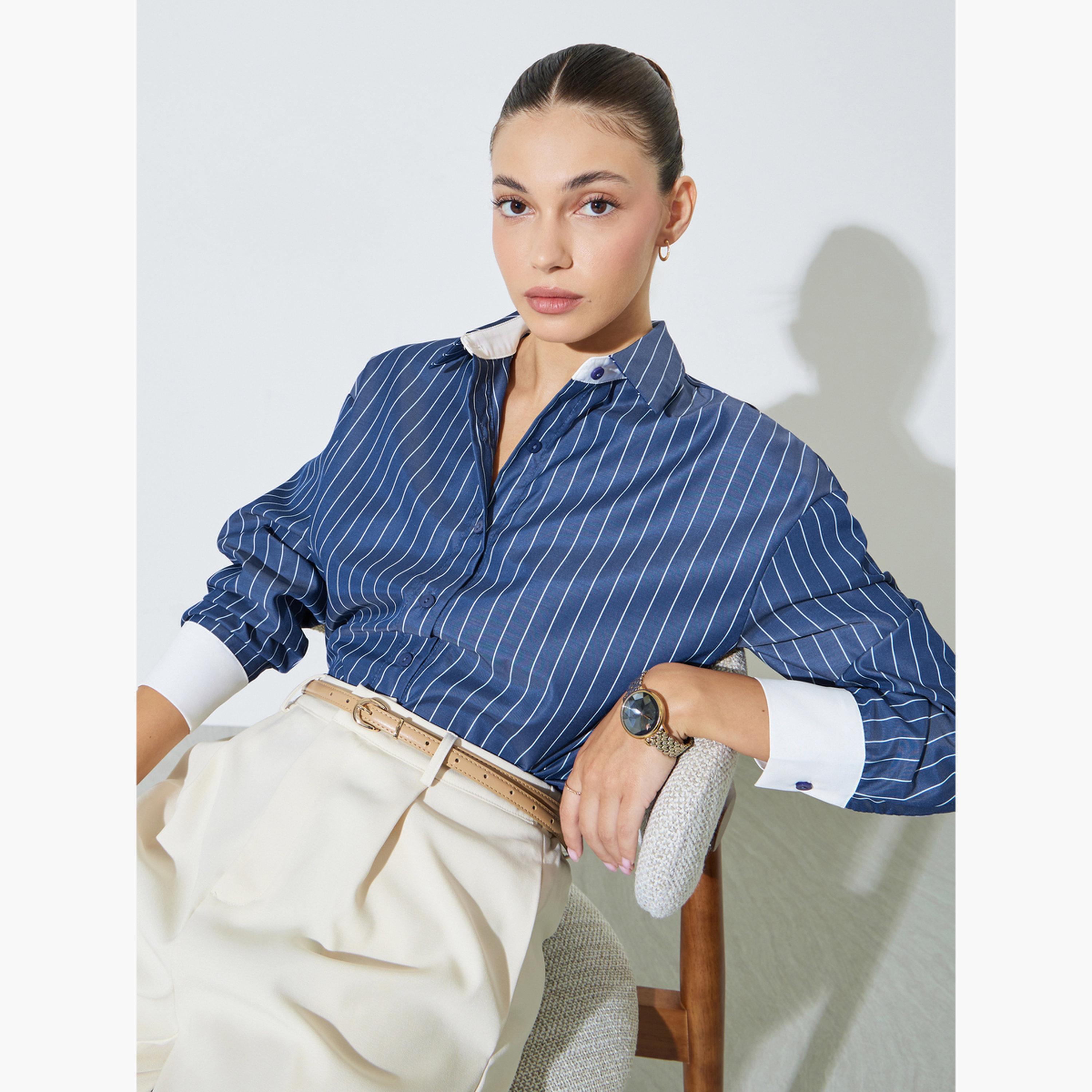 Styli Navy Blue Striped Oversized Shirt-women-clothing-shirtsandblouses-shirts-image-3