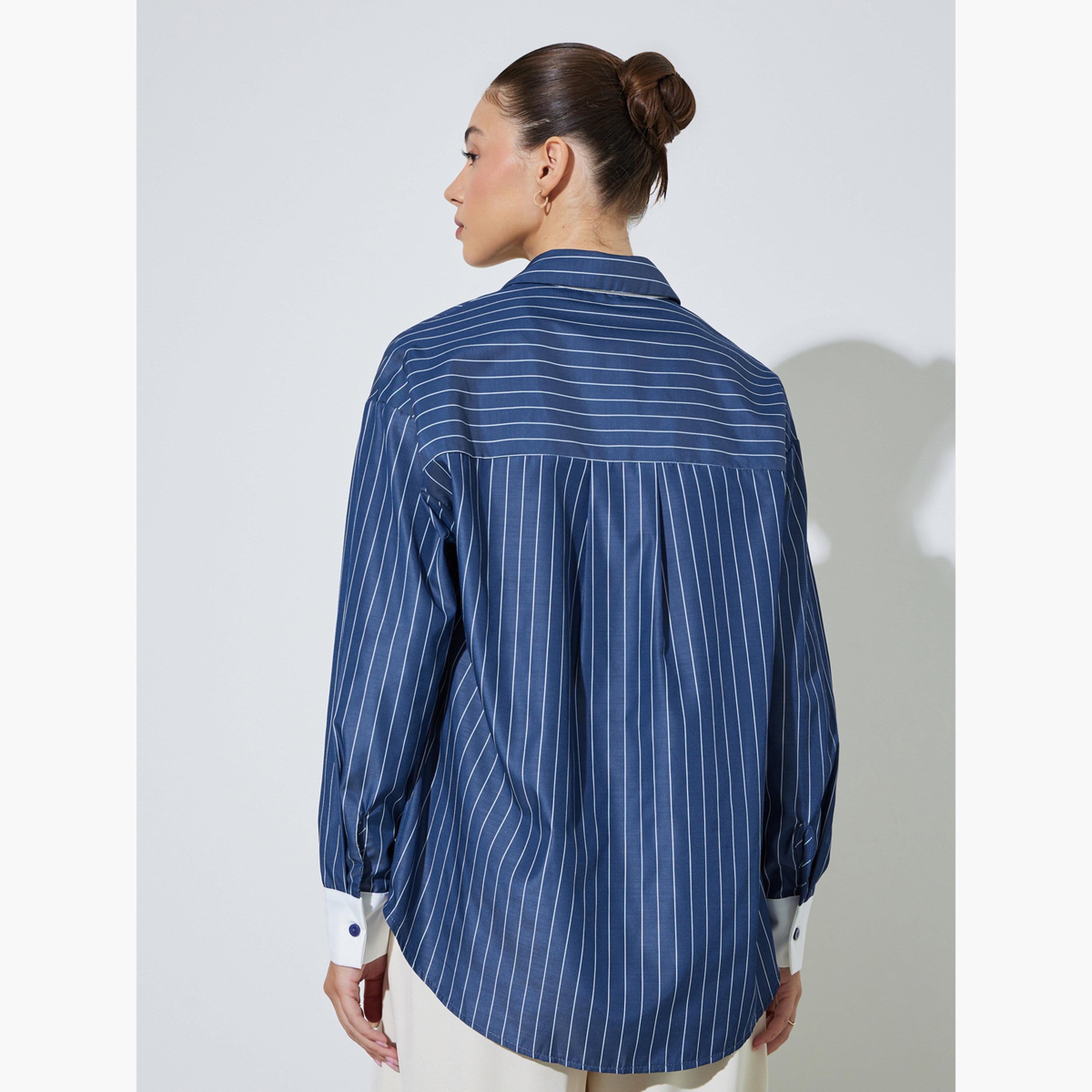 Styli Navy Blue Striped Oversized Shirt-women-clothing-shirtsandblouses-shirts-image-4