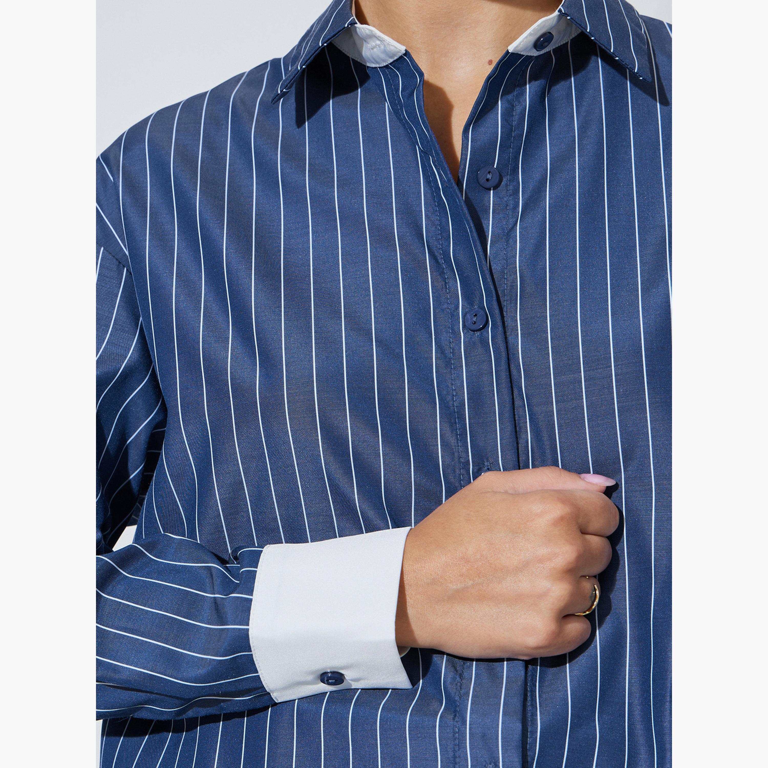 Styli Navy Blue Striped Oversized Shirt-women-clothing-shirtsandblouses-shirts-image-5