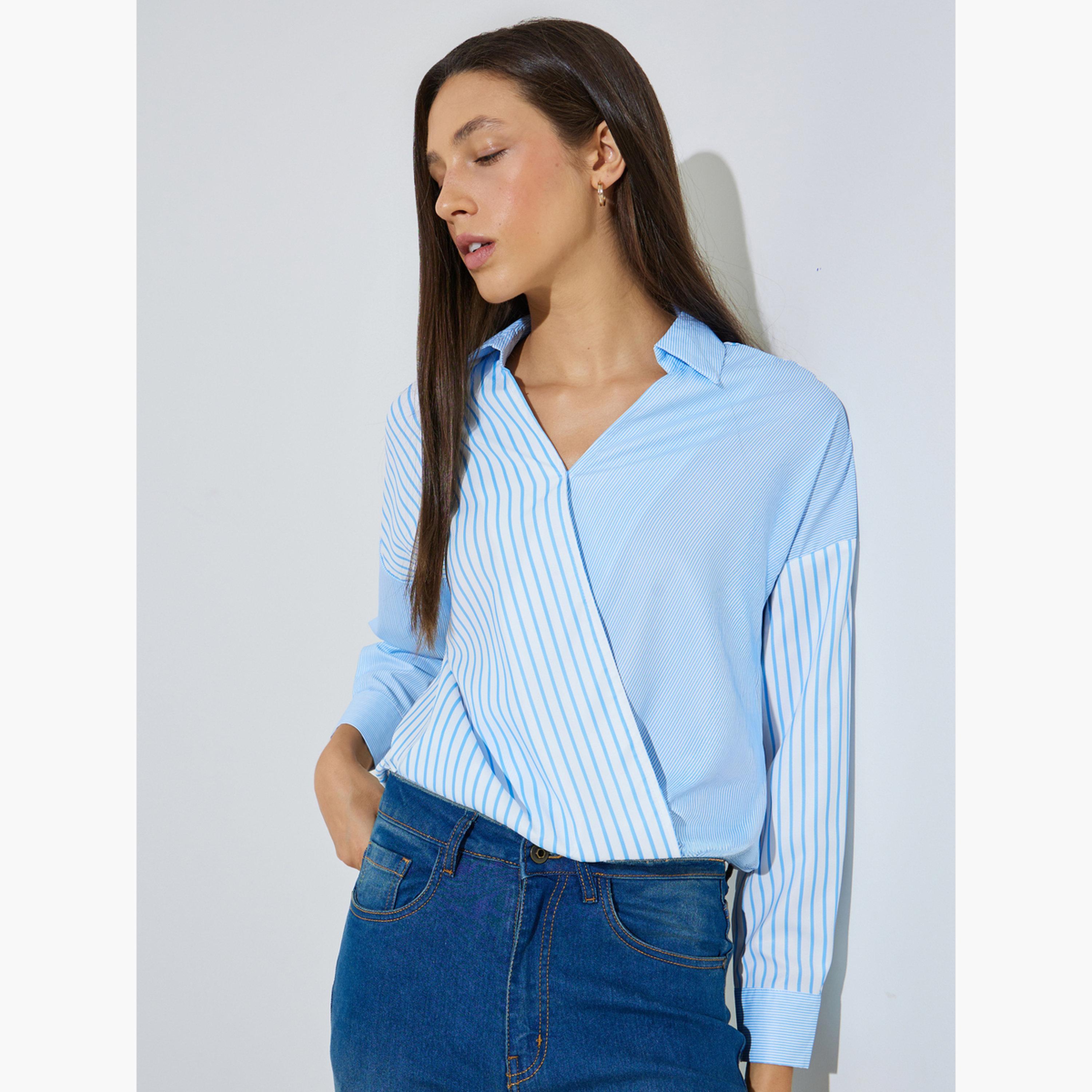 ستايلي - قميص أزرق فاتح مخطط ملفوف من الأمام-women-clothing-shirtsandblouses-blouses-image-1