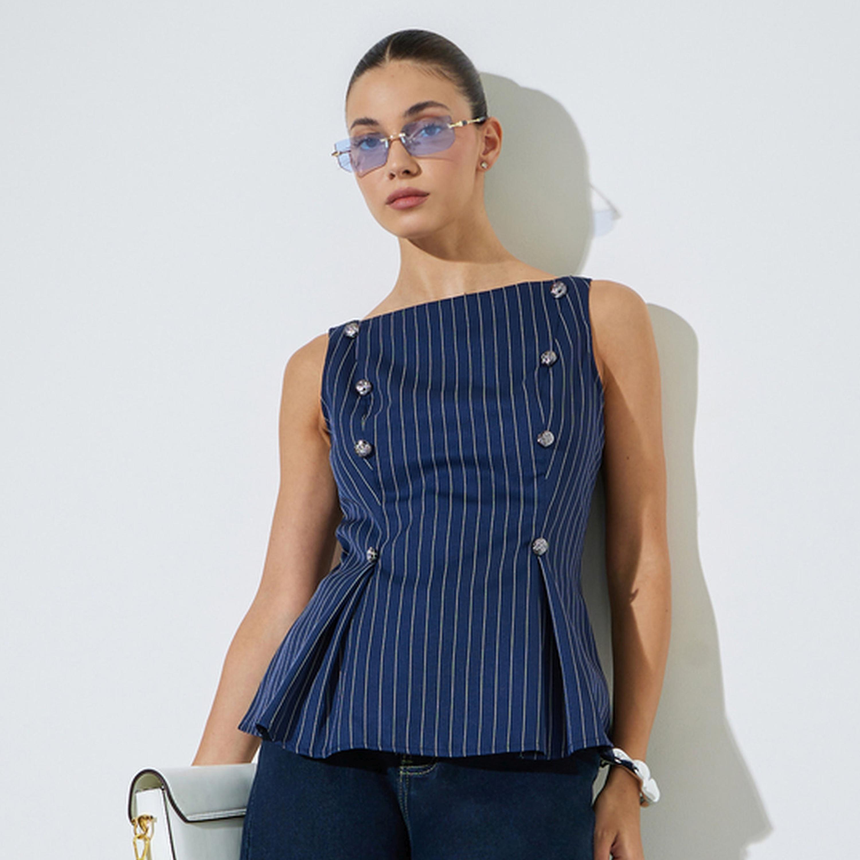 Styli Navy Blue Striped Sleeveless Peplum Top-women-clothing-shirtsandblouses-blouses-image-1