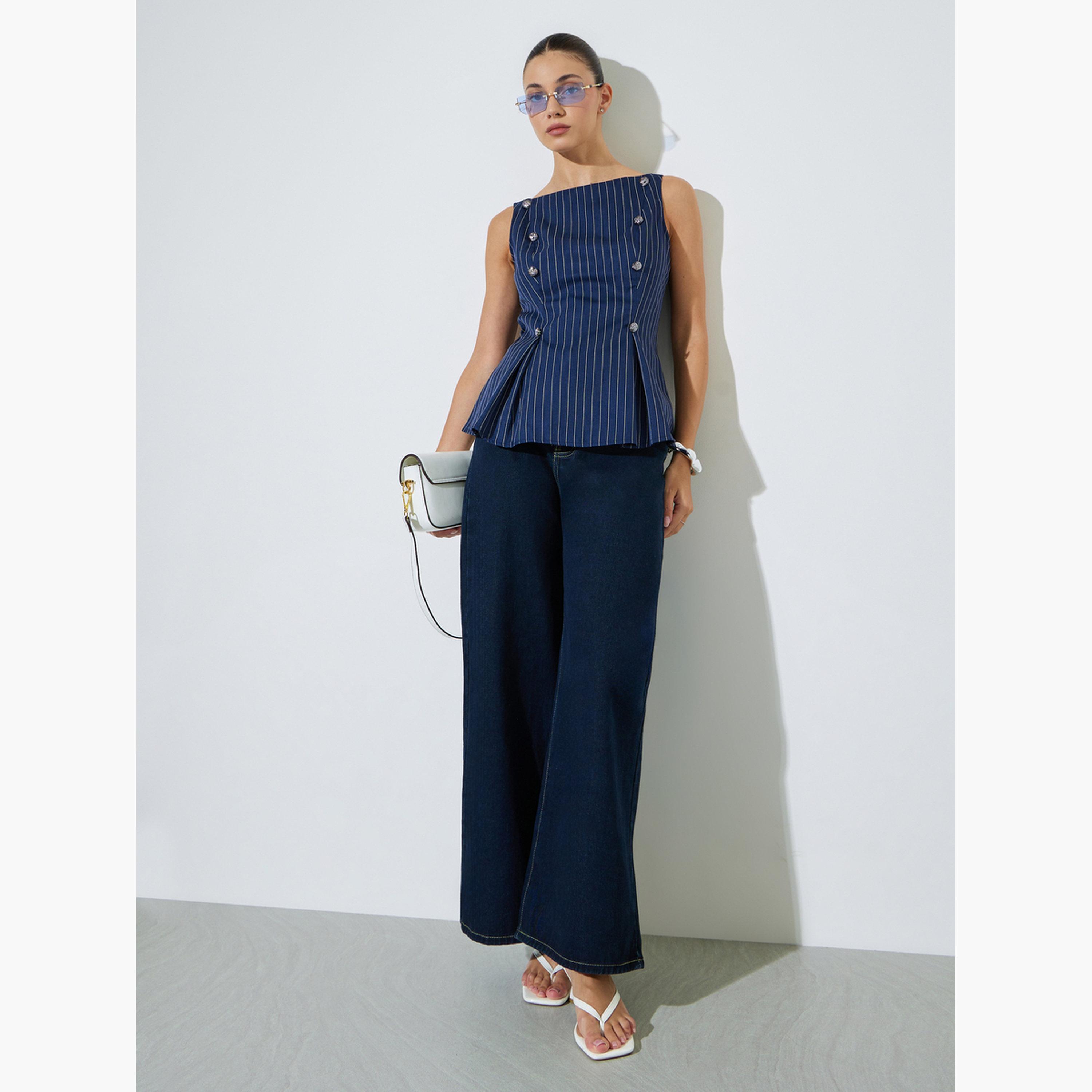 Styli Navy Blue Striped Sleeveless Peplum Top-women-clothing-shirtsandblouses-blouses-image-2