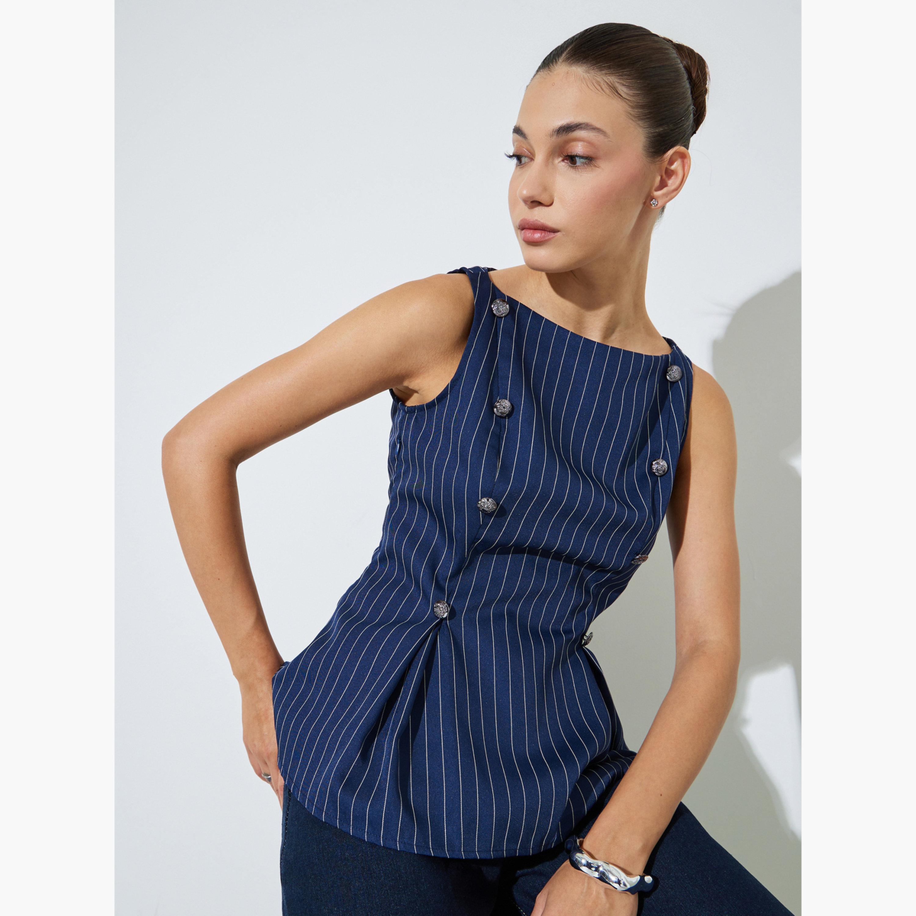Styli Navy Blue Striped Sleeveless Peplum Top-women-clothing-shirtsandblouses-blouses-image-3
