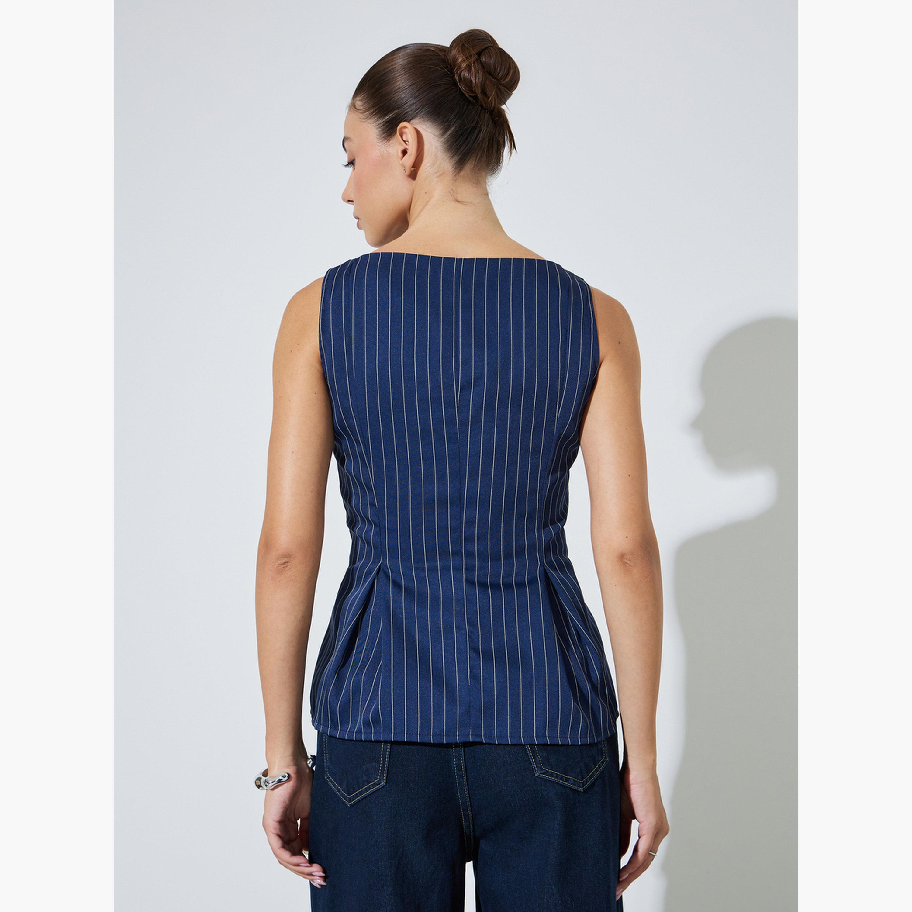 Styli Navy Blue Striped Sleeveless Peplum Top-women-clothing-shirtsandblouses-blouses-image-4