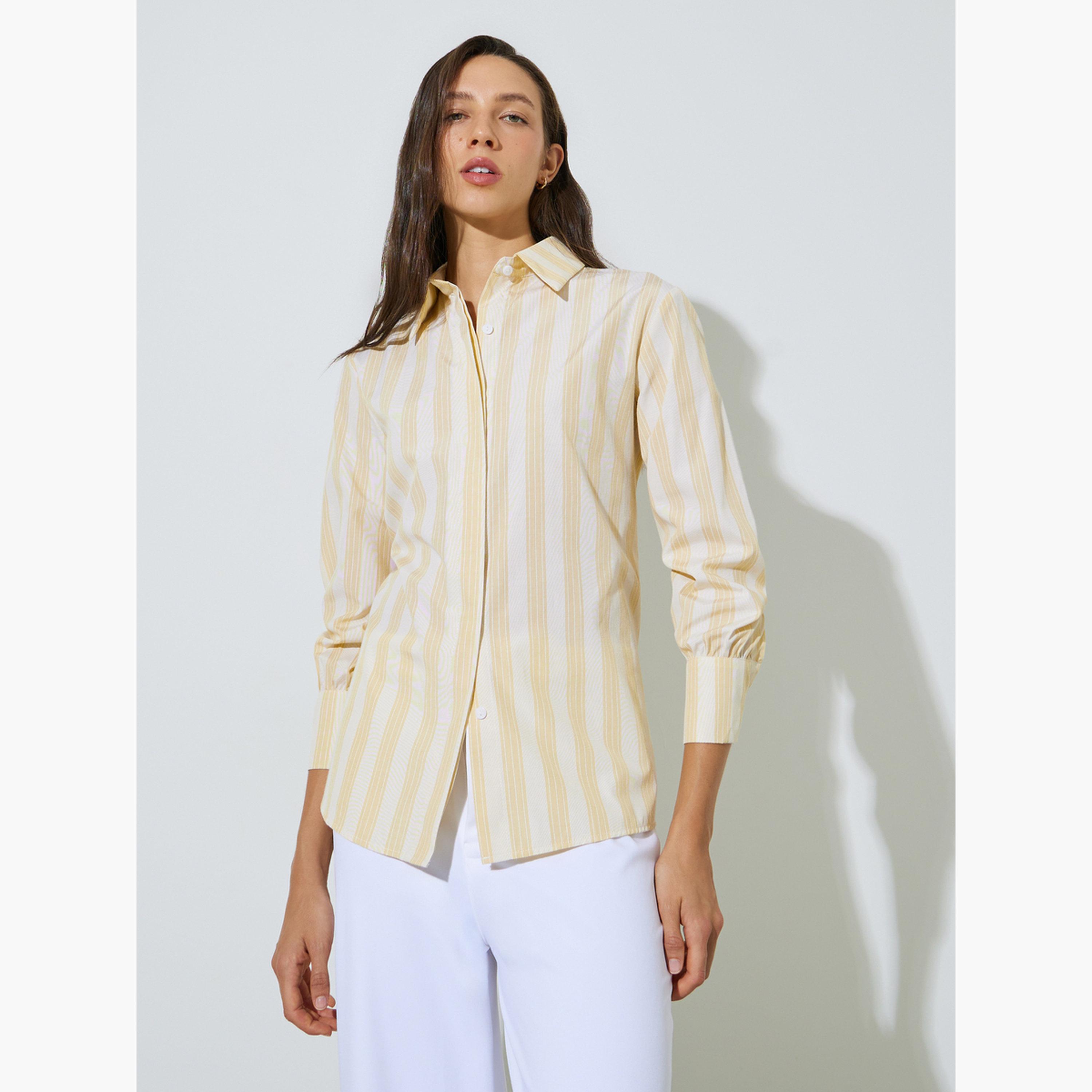 Styli Yellow Striped Longline Shirt-women-clothing-shirtsandblouses-shirts-image-1