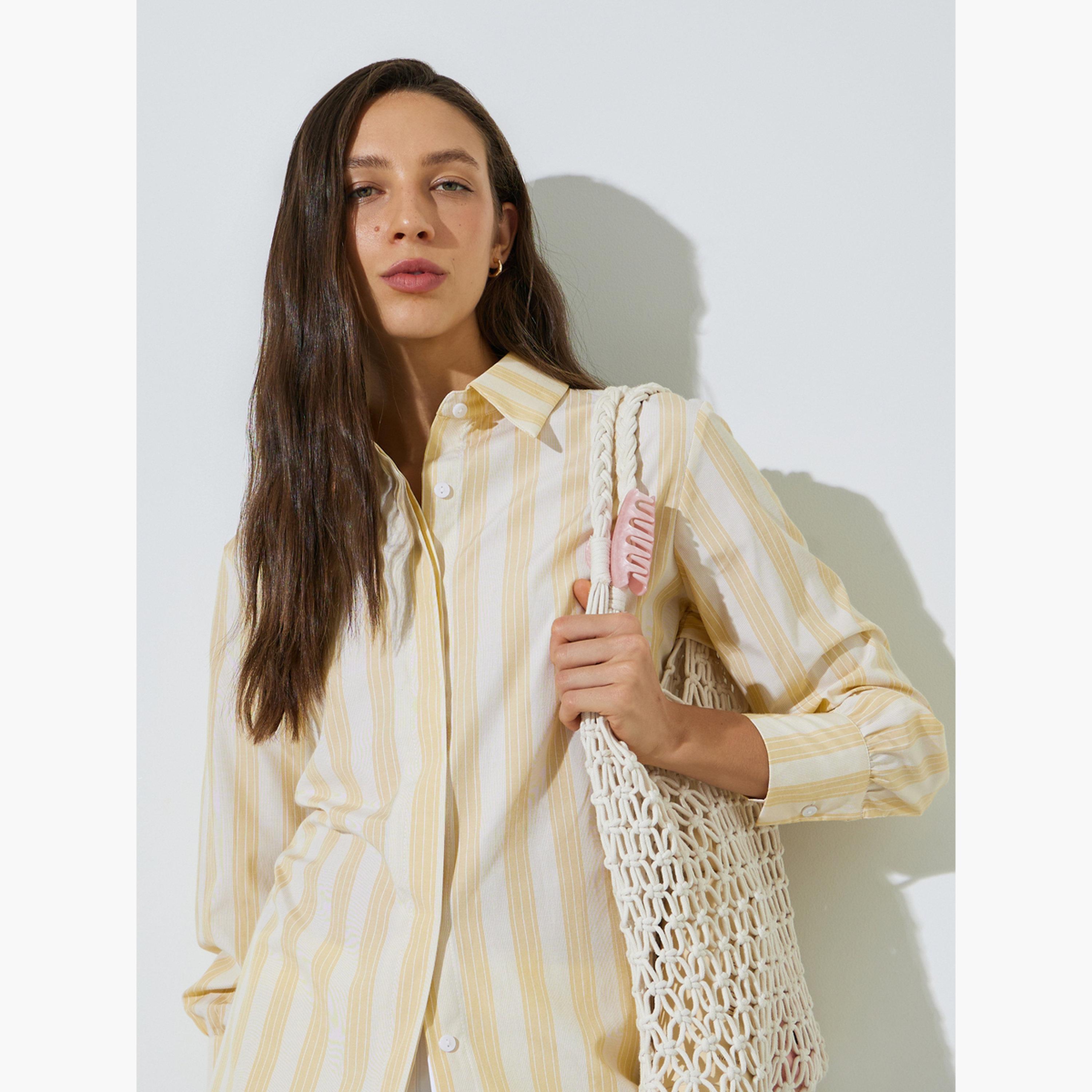 Styli Yellow Striped Longline Shirt-women-clothing-shirtsandblouses-shirts-image-3