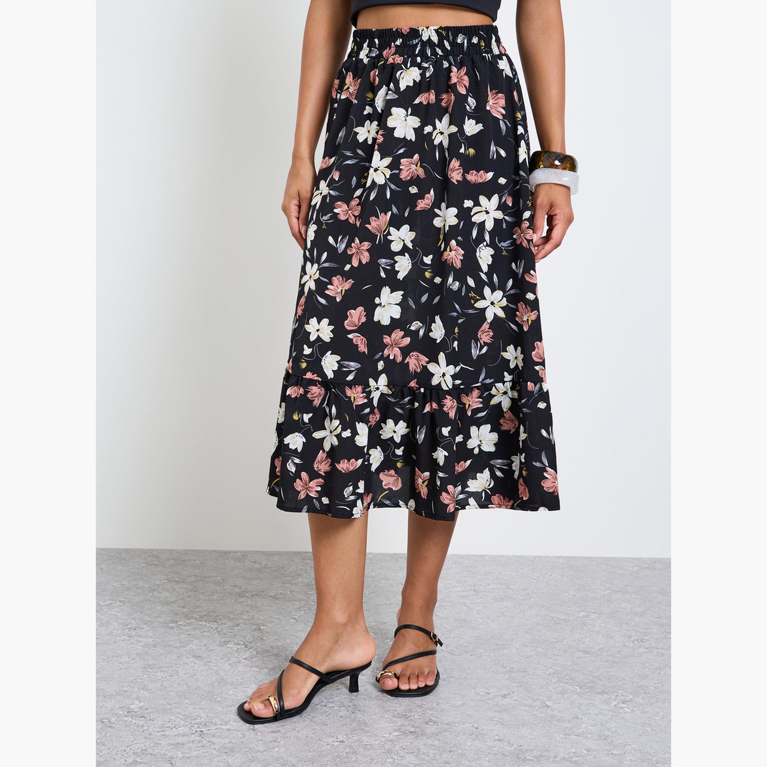 تنورة ميدي بحافة واسعة وطبعة زهور-women-clothing-skirts-image-1
