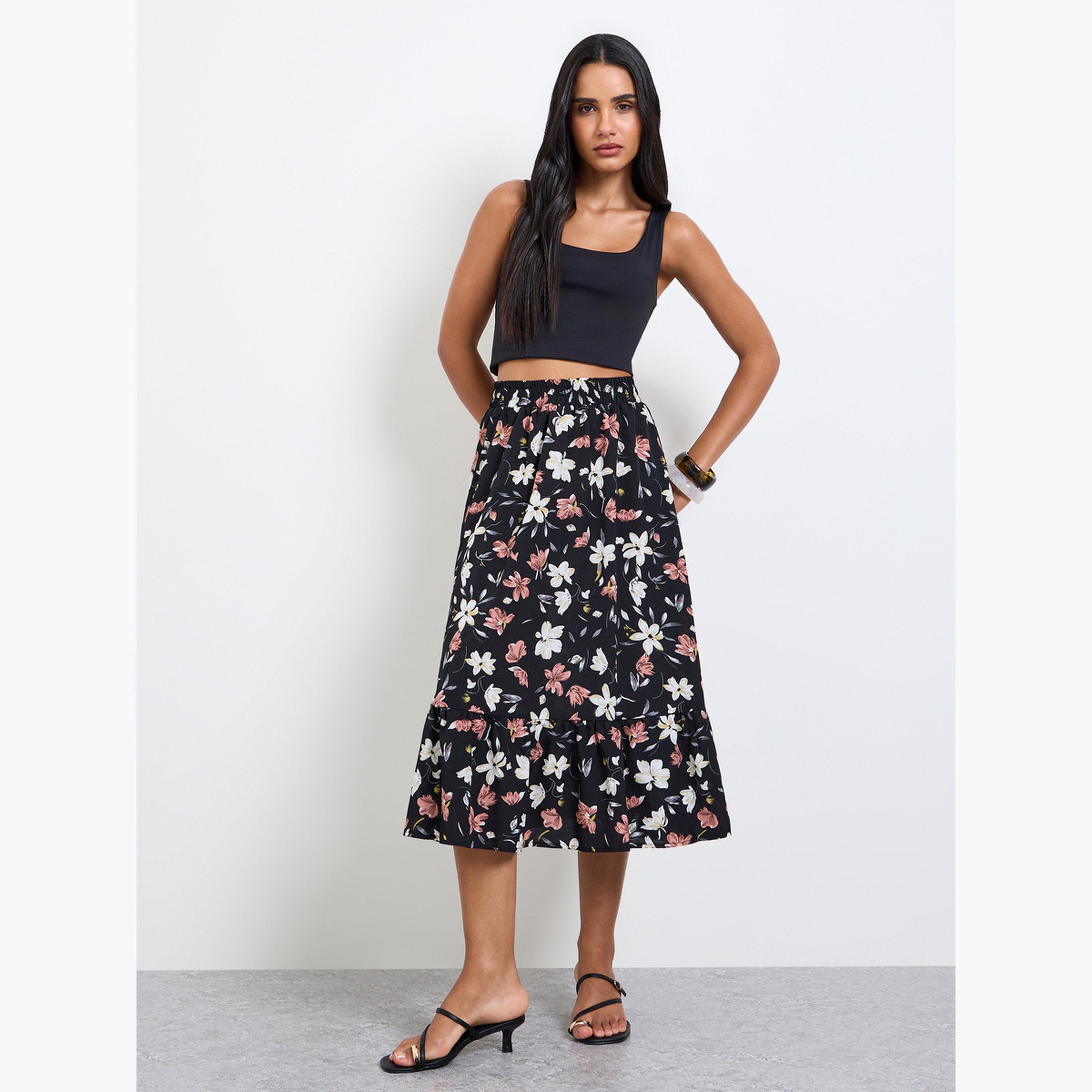 تنورة ميدي بحافة واسعة وطبعة زهور-women-clothing-skirts-image-2