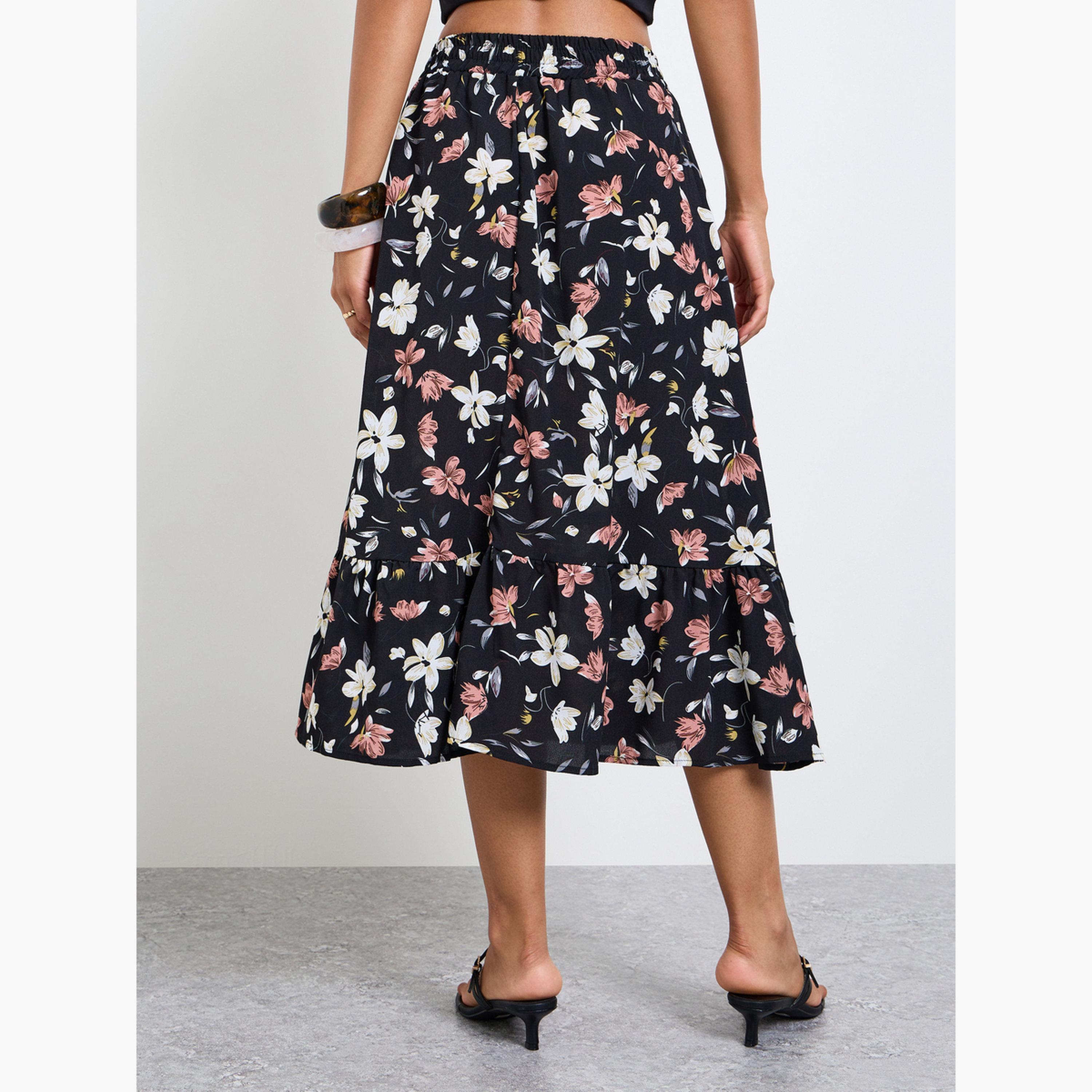 تنورة ميدي بحافة واسعة وطبعة زهور-women-clothing-skirts-image-4