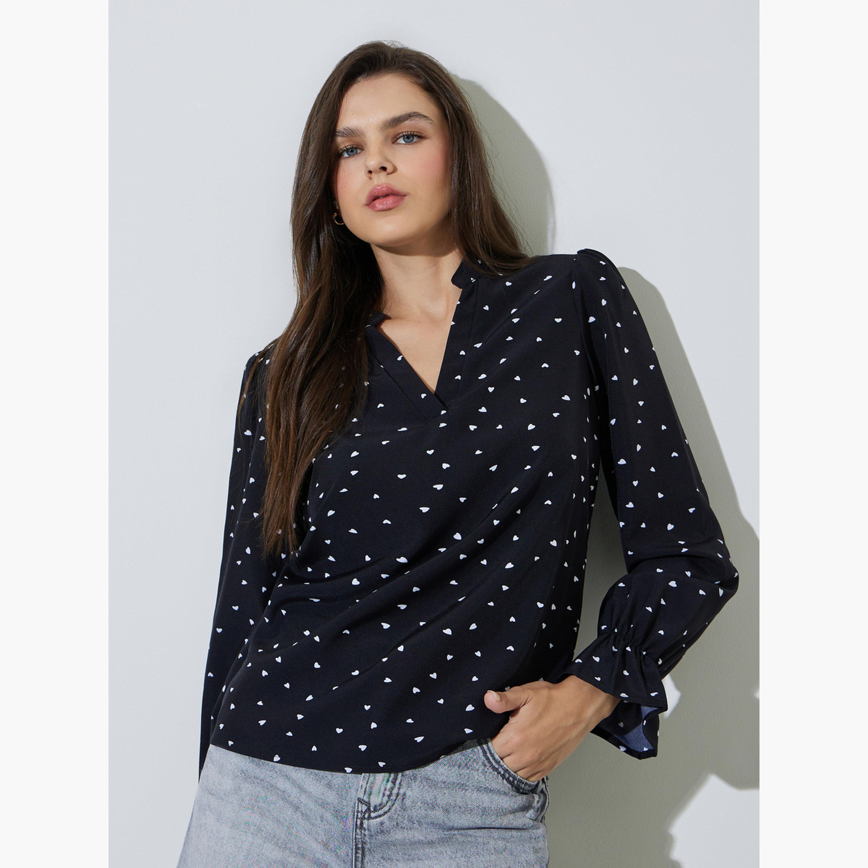 Take Two Black Long Sleeve Heart Print Top-women-clothing-shirtsandblouses-blouses-image-1