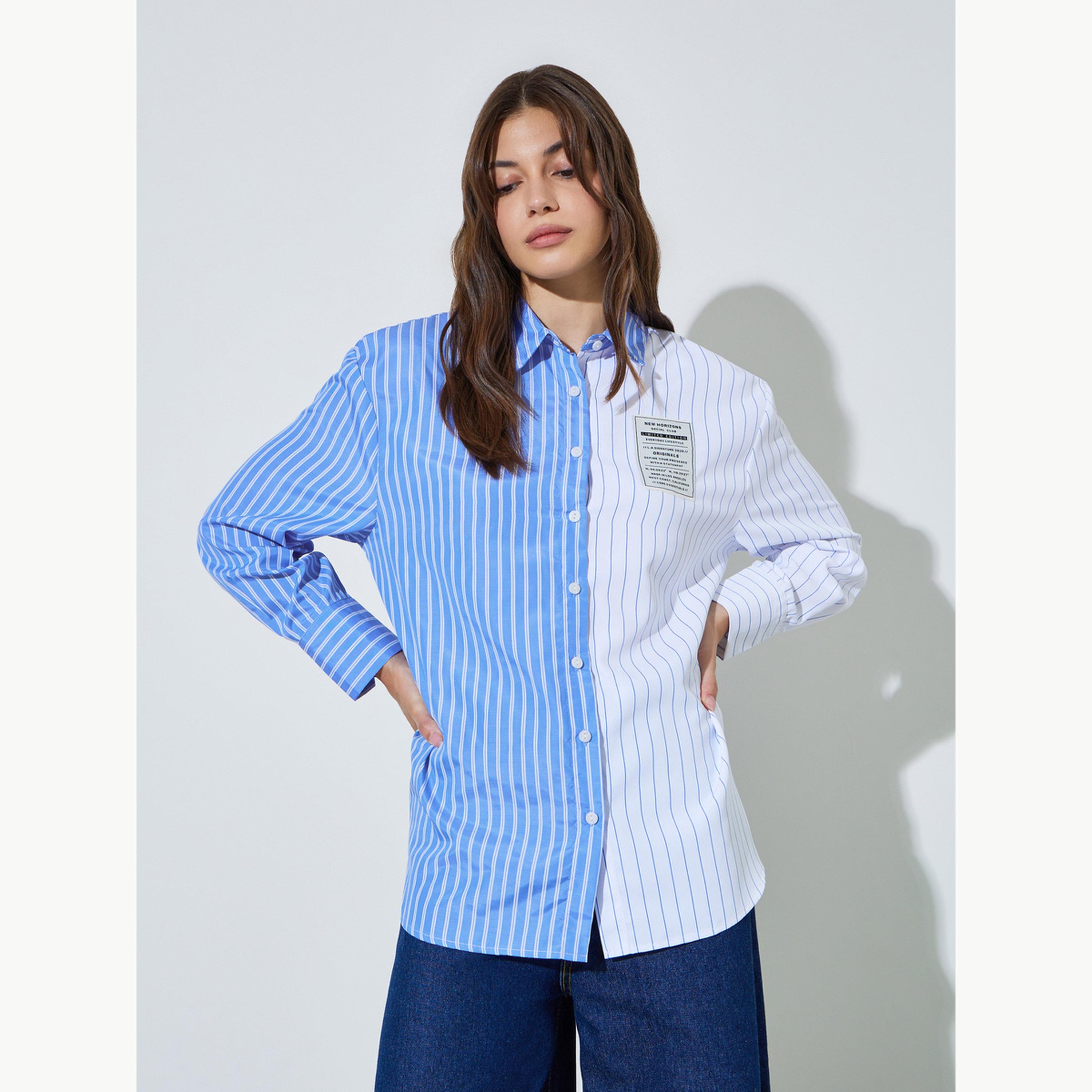 Styli Blue Color Block Striped Longline Shirt-women-clothing-shirtsandblouses-shirts-image-1