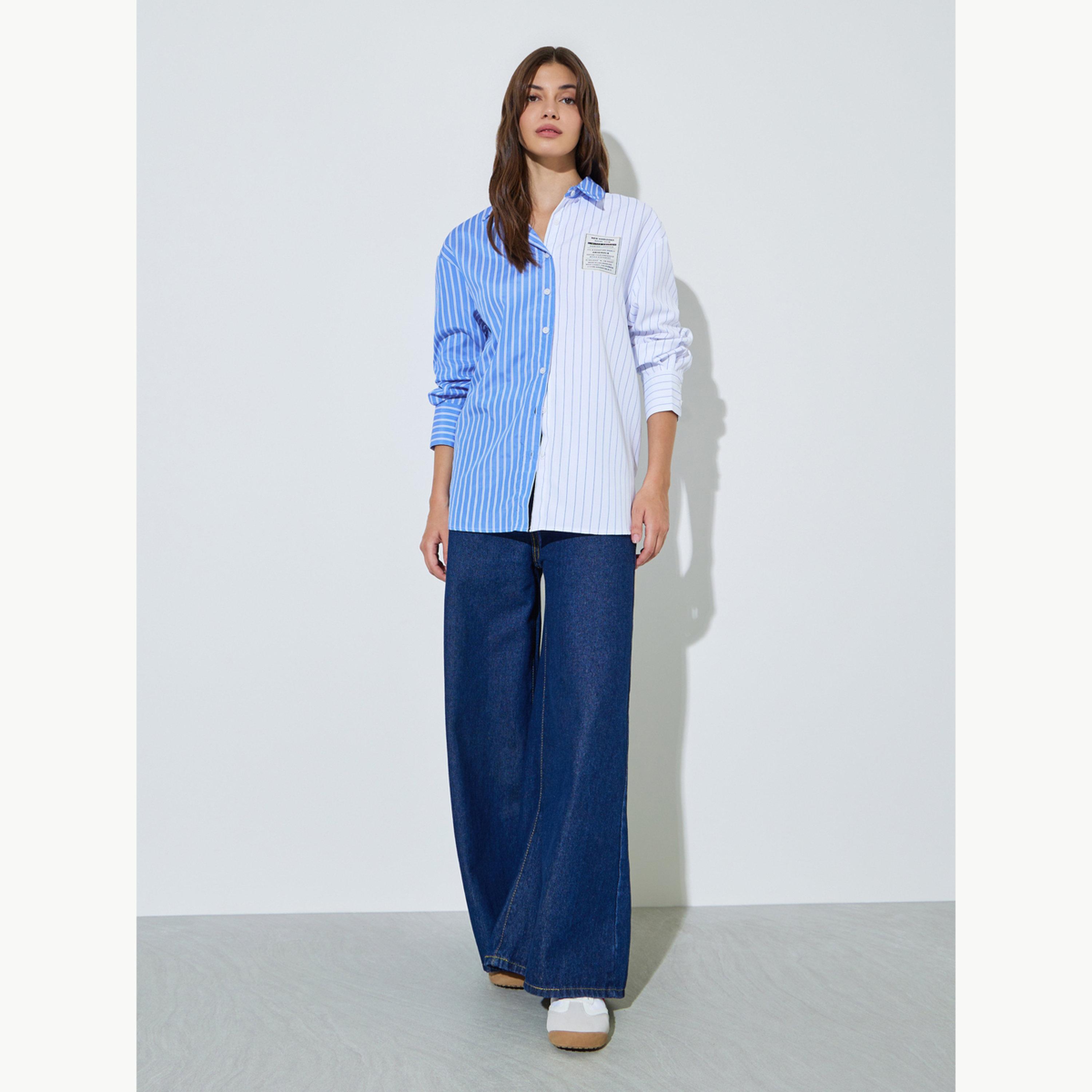Styli Blue Color Block Striped Longline Shirt-women-clothing-shirtsandblouses-shirts-image-2