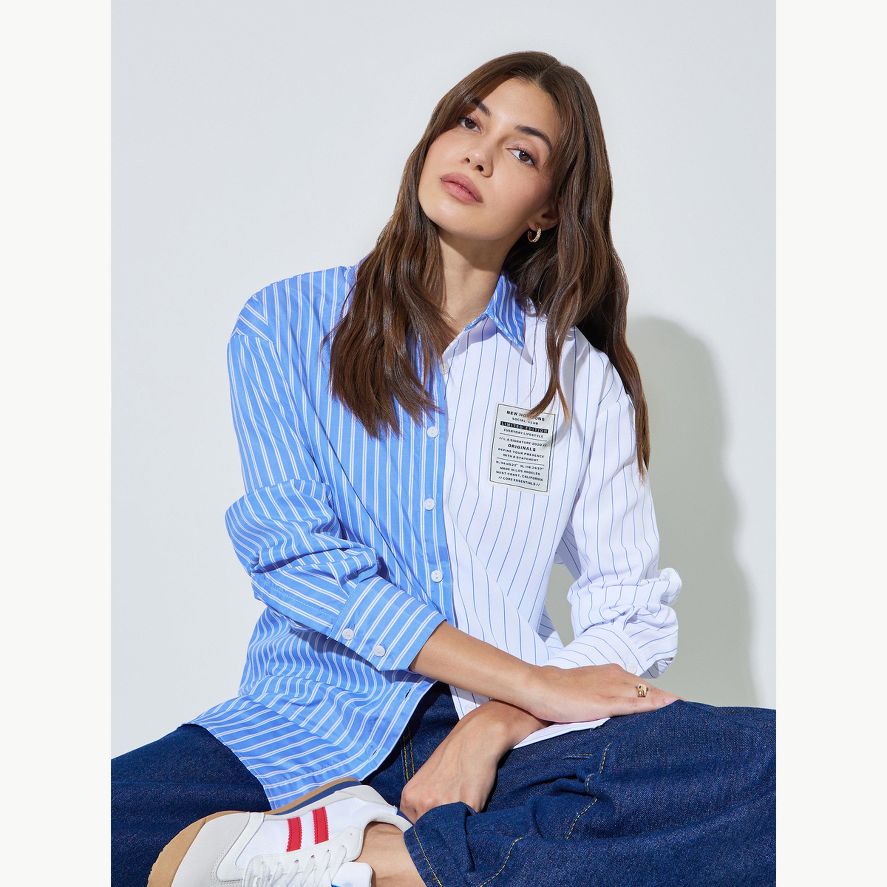 Styli Blue Color Block Striped Longline Shirt-women-clothing-shirtsandblouses-shirts-image-3